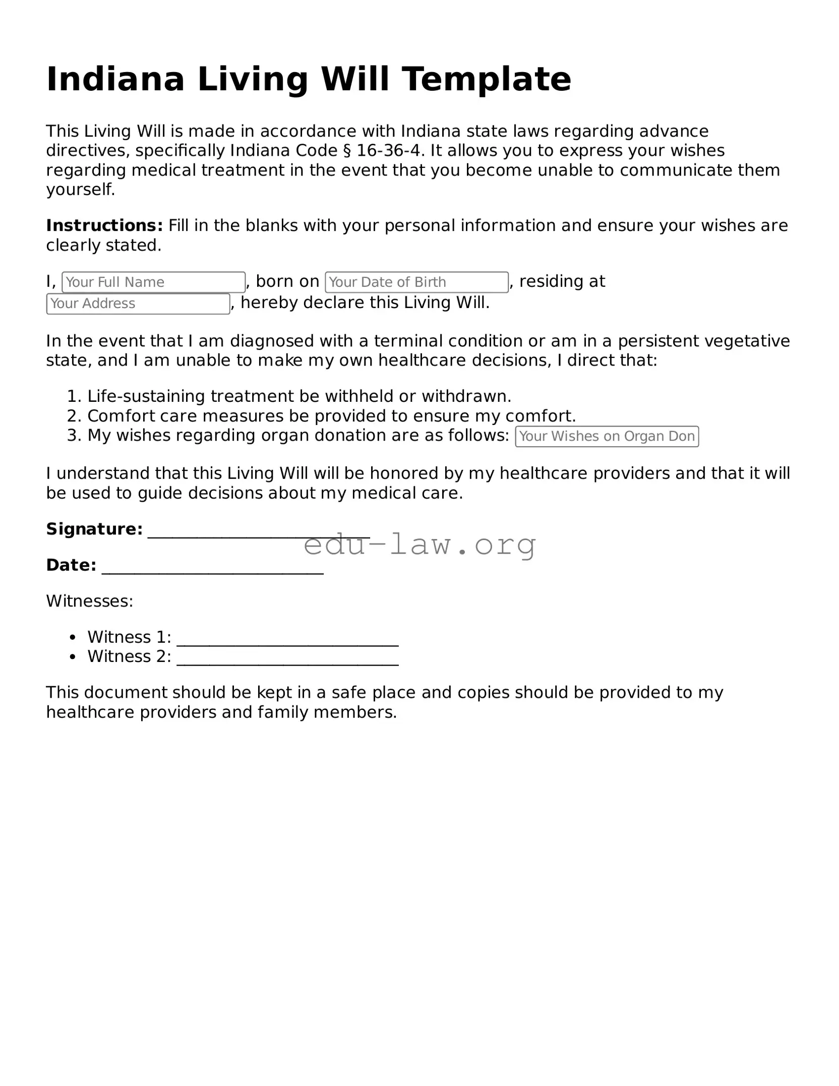 Legal  Living Will Template for Indiana