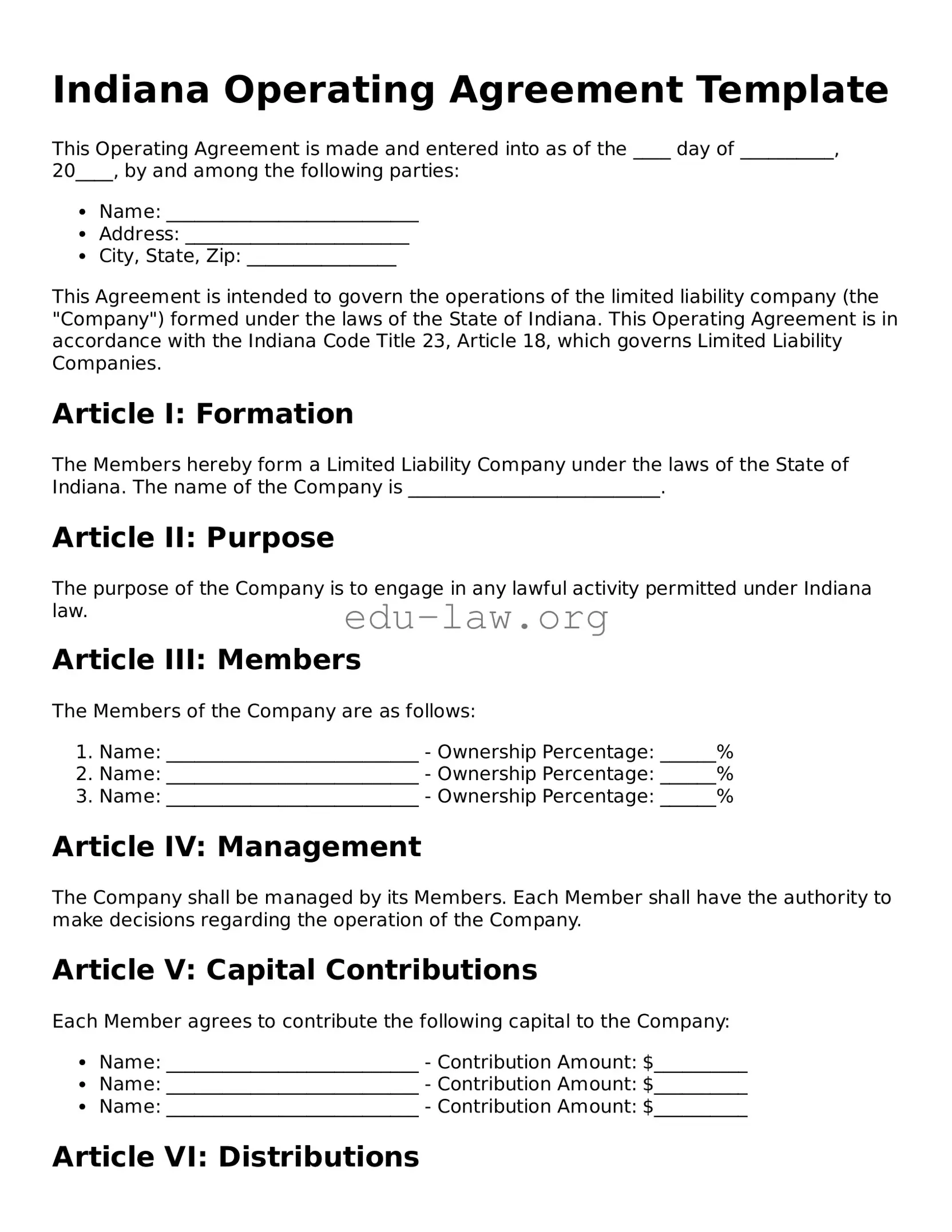 Legal  Operating Agreement Template for Indiana