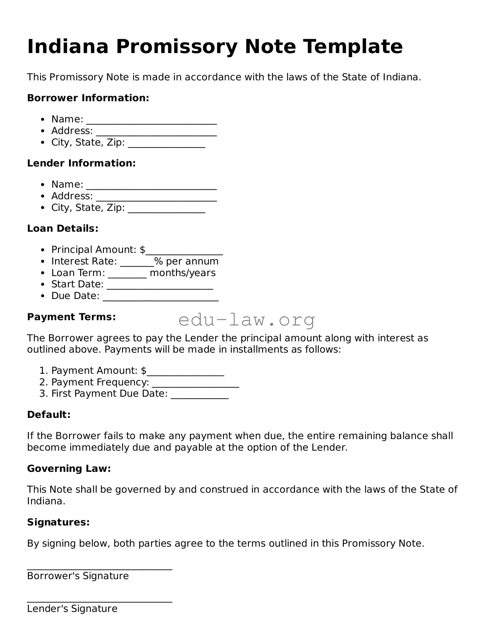 Legal  Promissory Note Template for Indiana