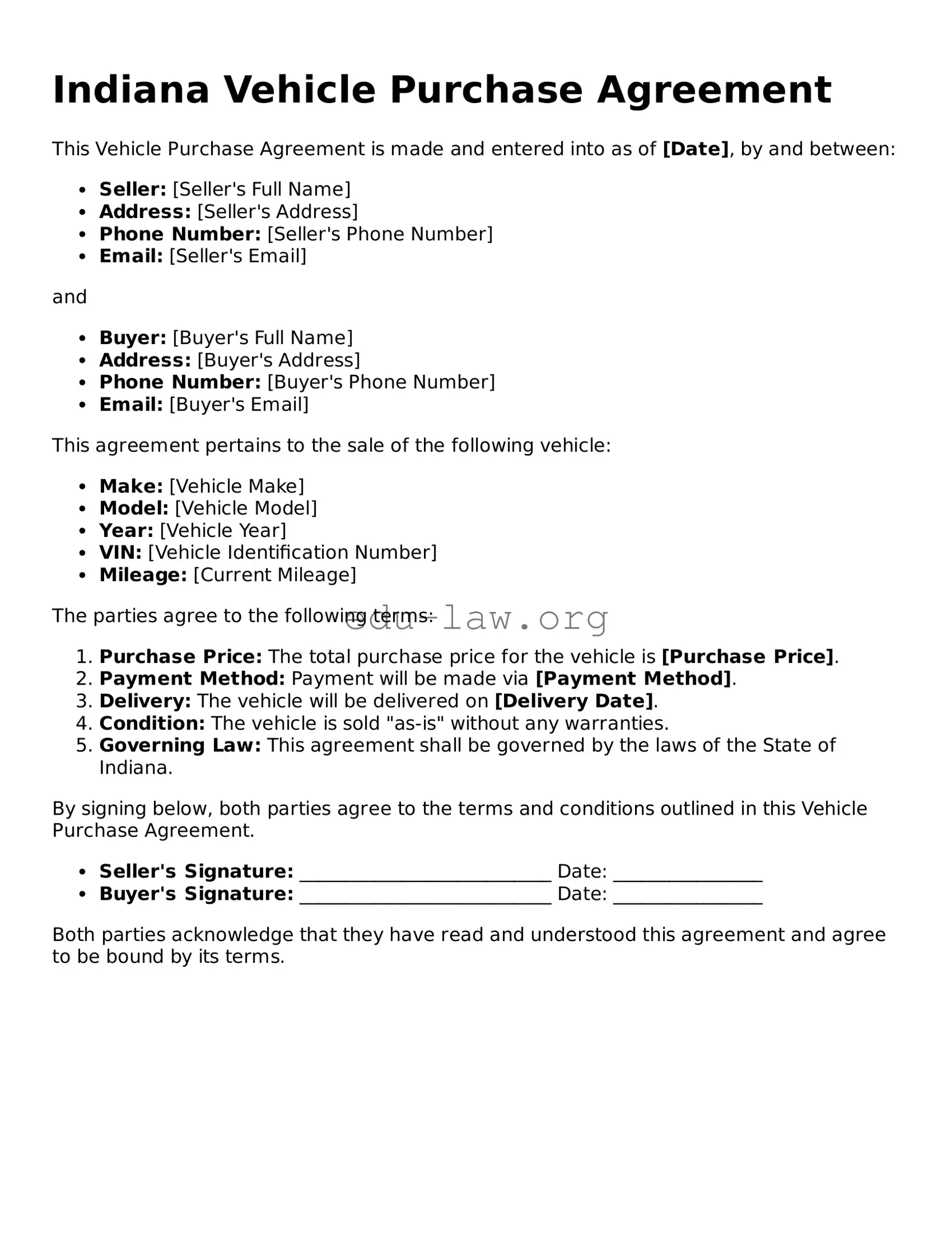 Legal  Vehicle Purchase Agreement Template for Indiana