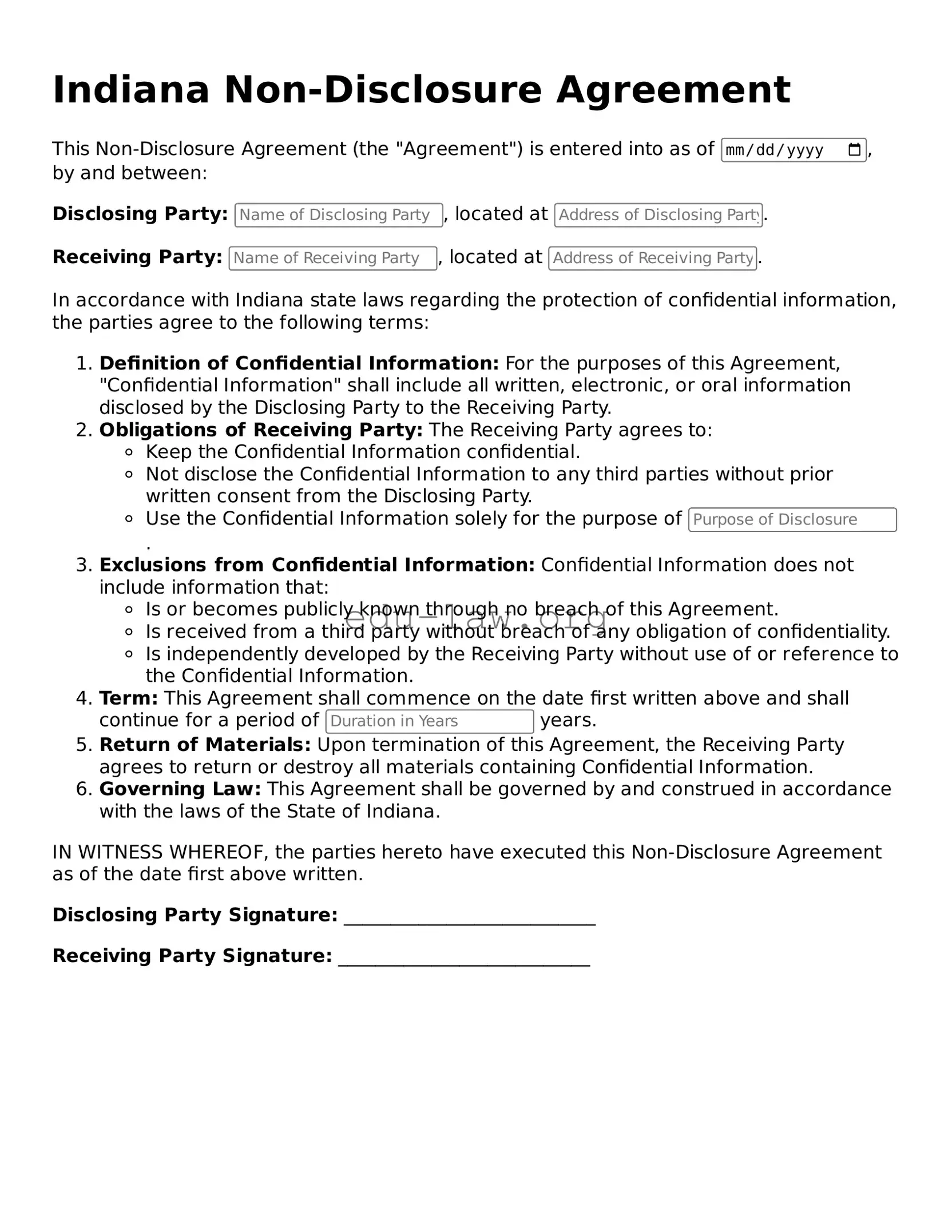 Legal  Non-disclosure Agreement Template for Indiana