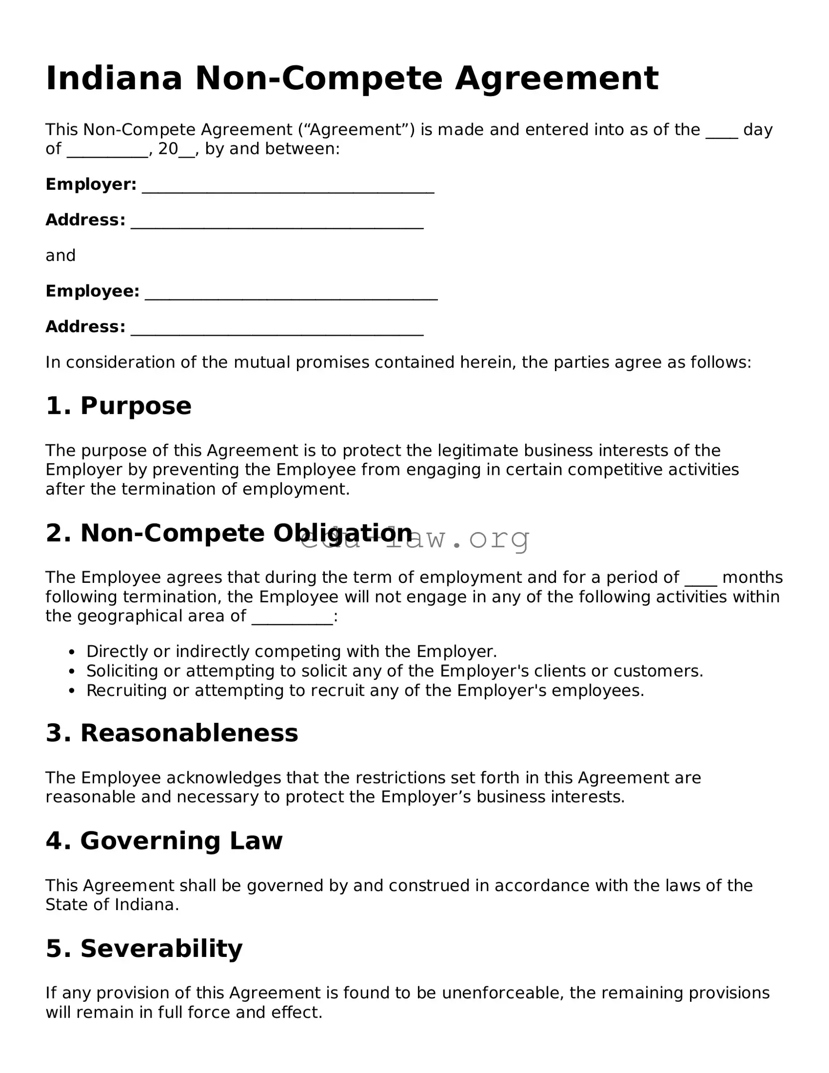 Legal  Non-compete Agreement Template for Indiana