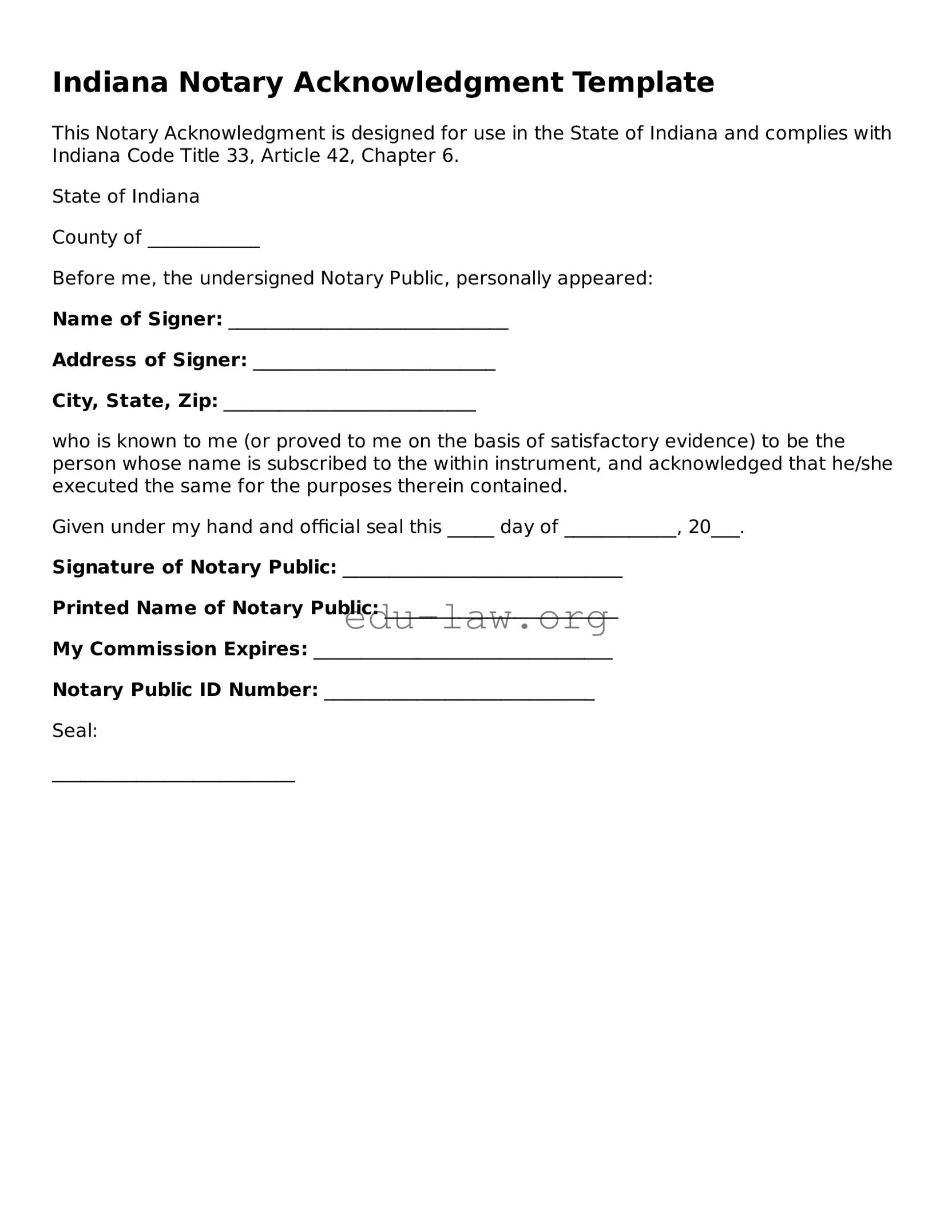 Legal  Notary Acknowledgement Template for Indiana