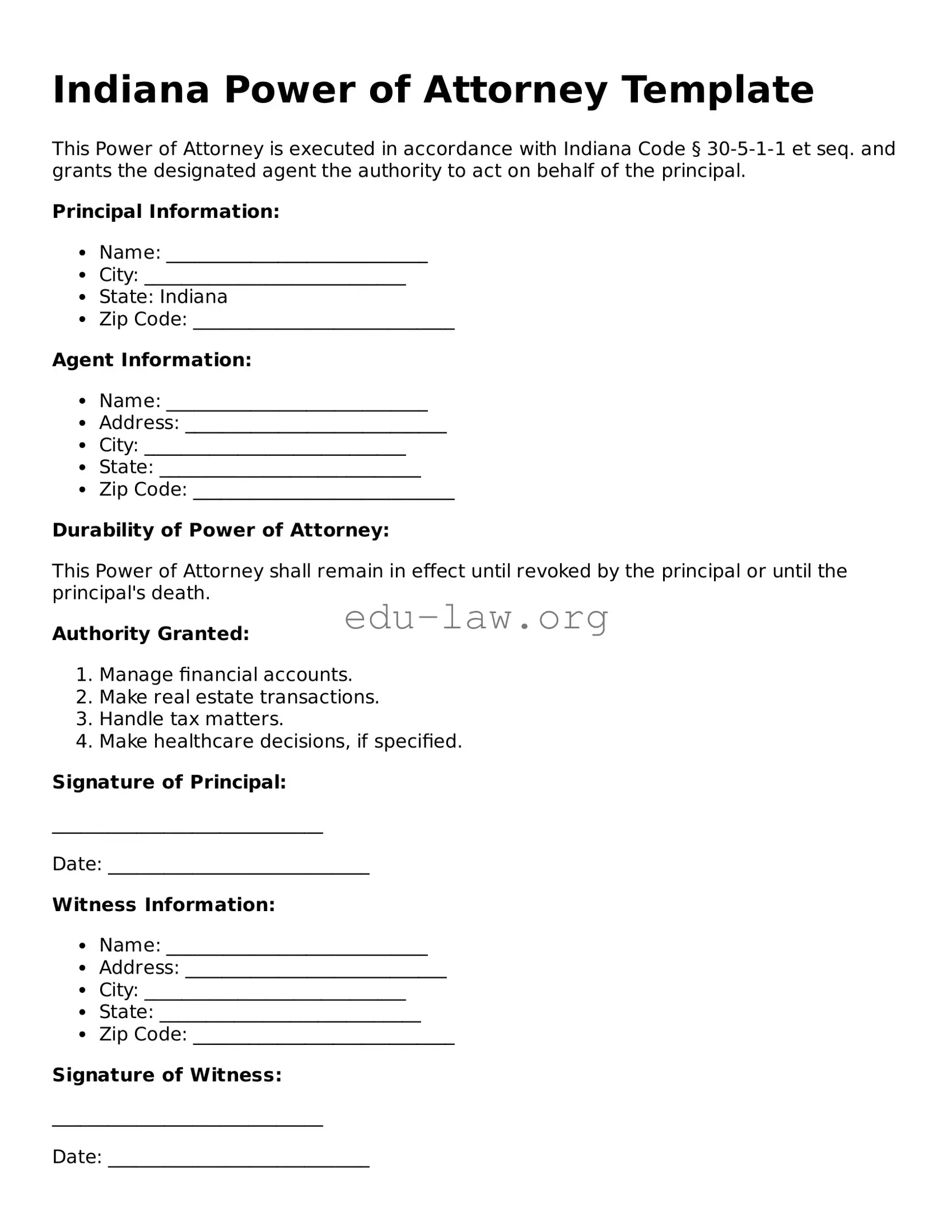 Legal  Power of Attorney Template for Indiana