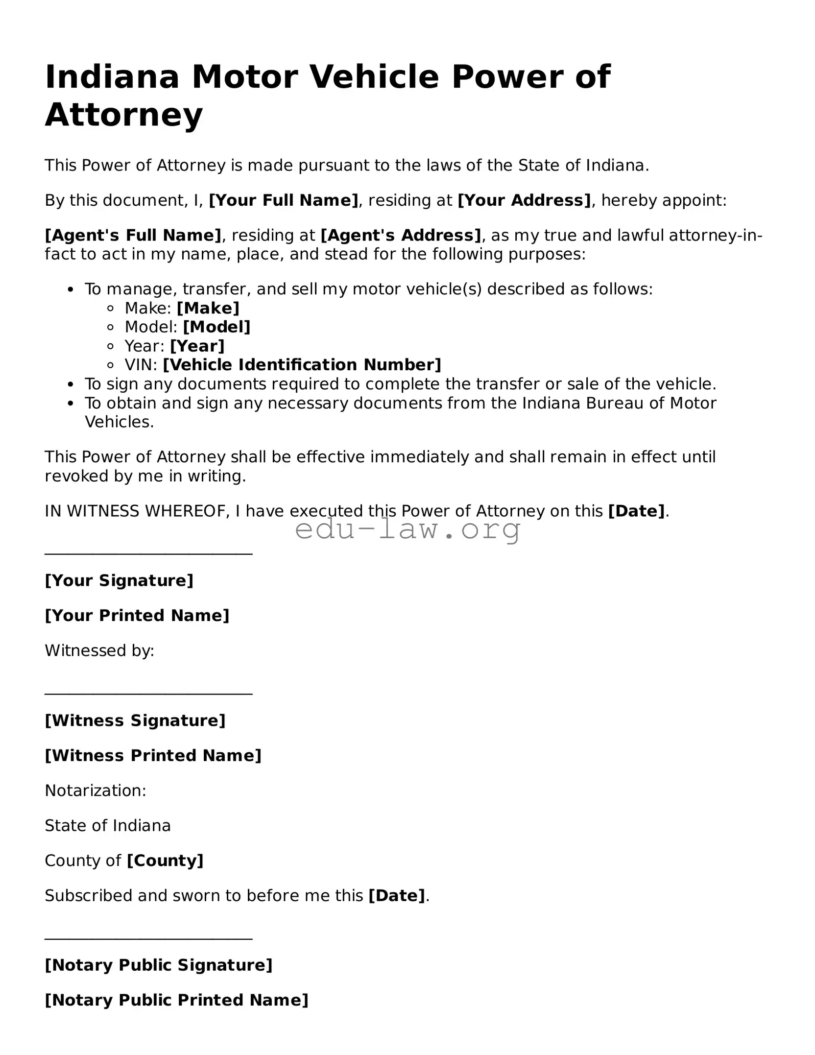 Legal  Motor Vehicle Power of Attorney Template for Indiana