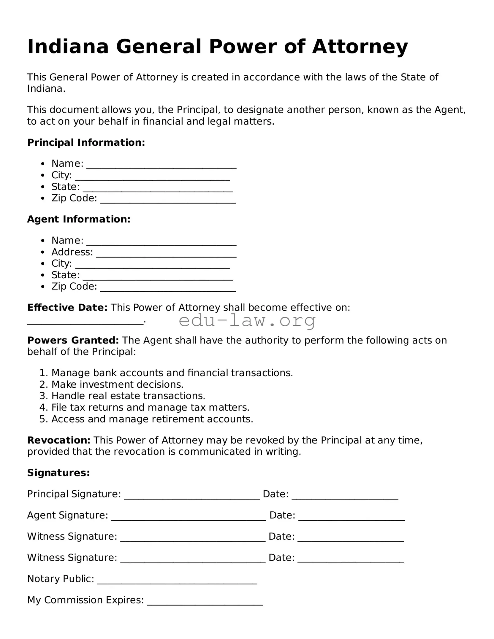 Legal  General Power of Attorney Template for Indiana