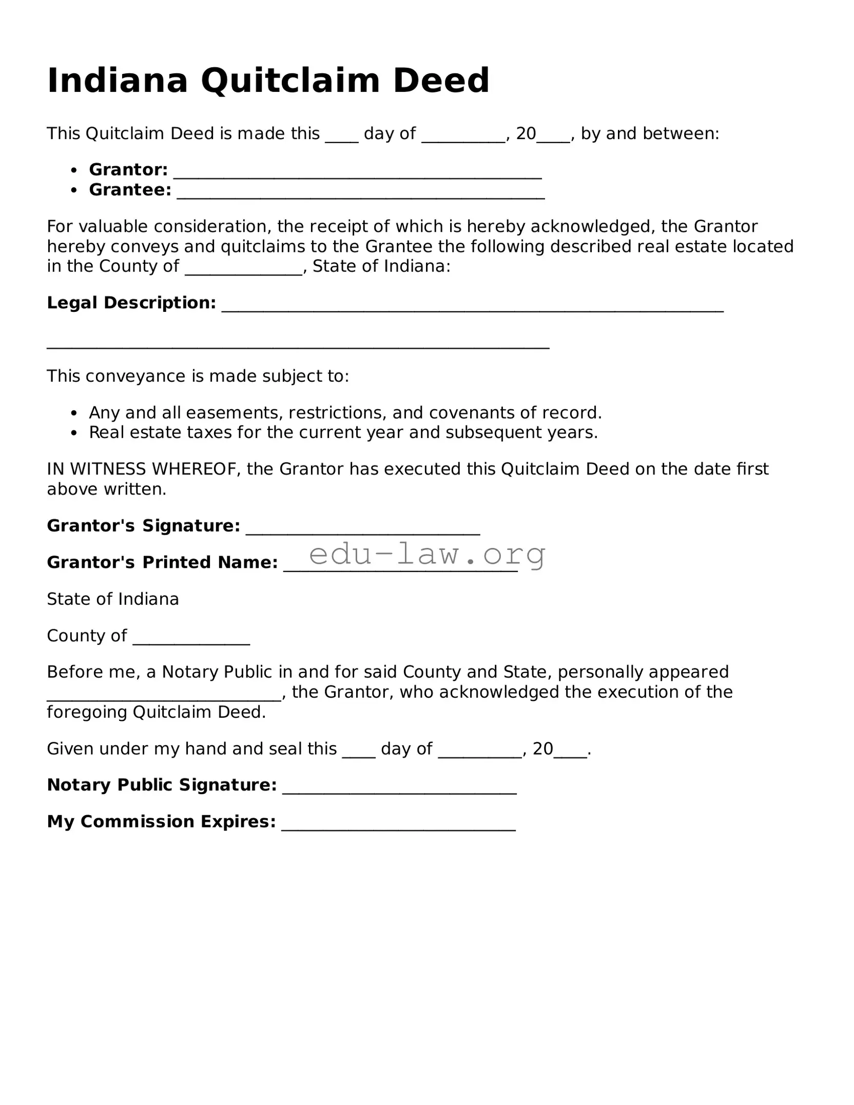 Legal  Quitclaim Deed Template for Indiana