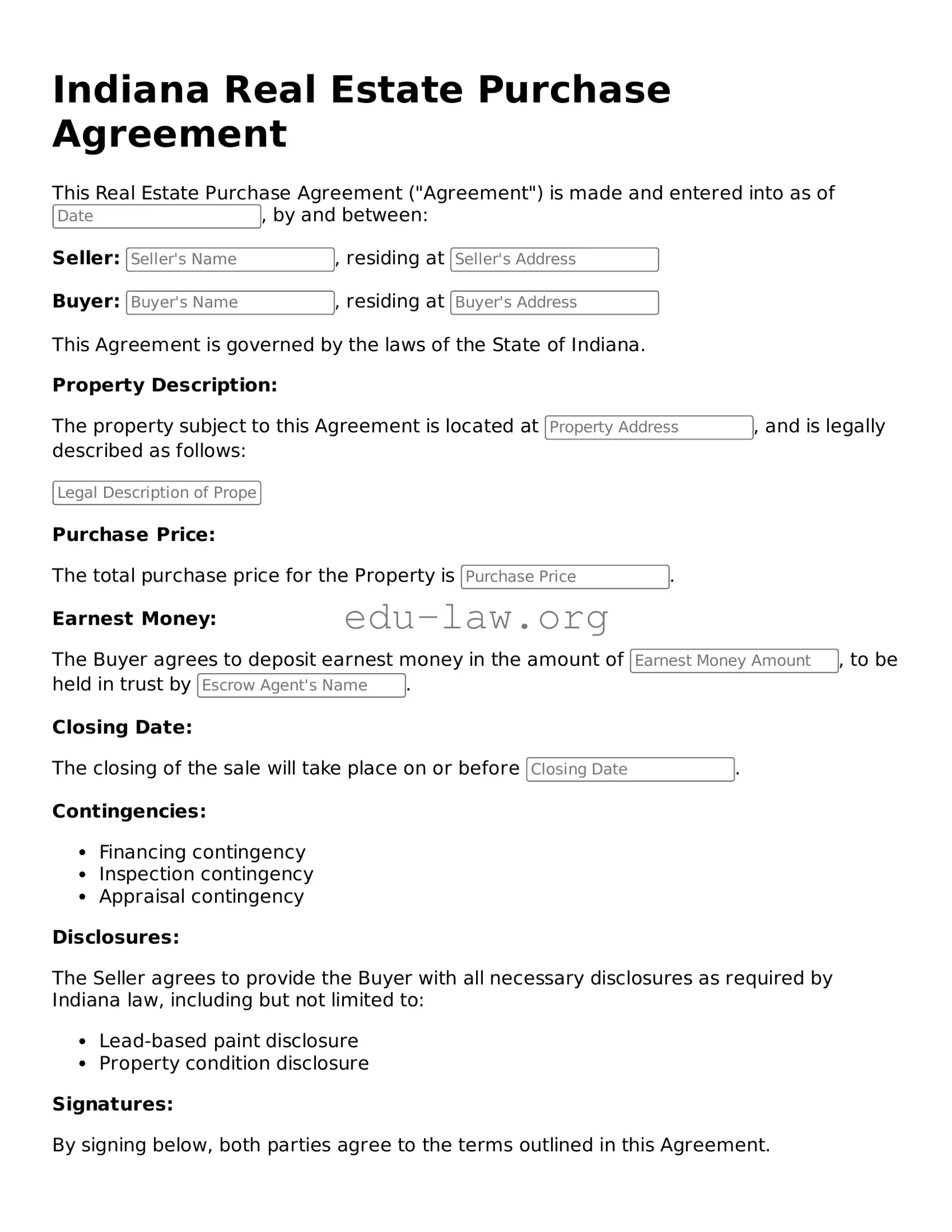 Legal  Real Estate Purchase Agreement Template for Indiana
