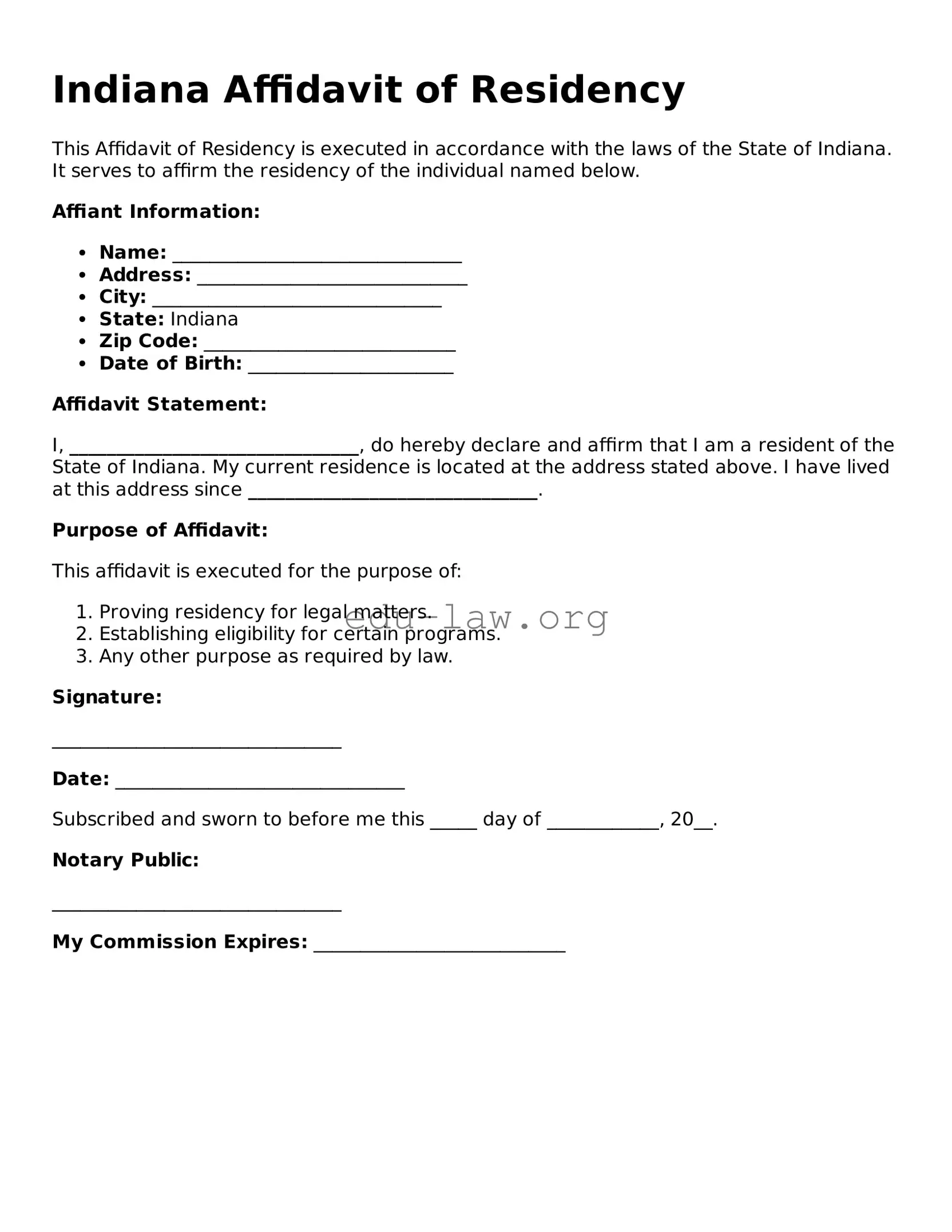 Legal  Affidavit of Residency Template for Indiana