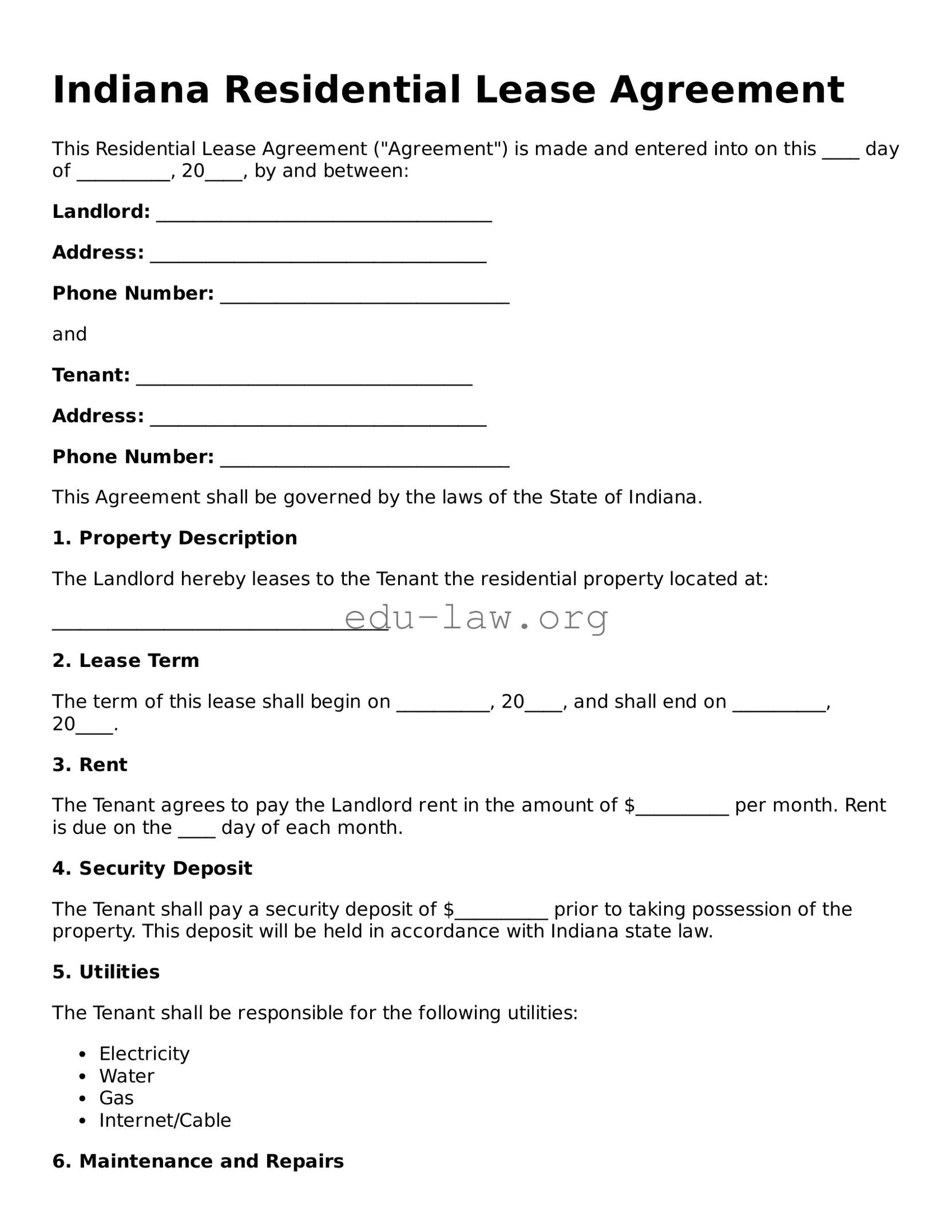 Legal  Residential Lease Agreement Template for Indiana