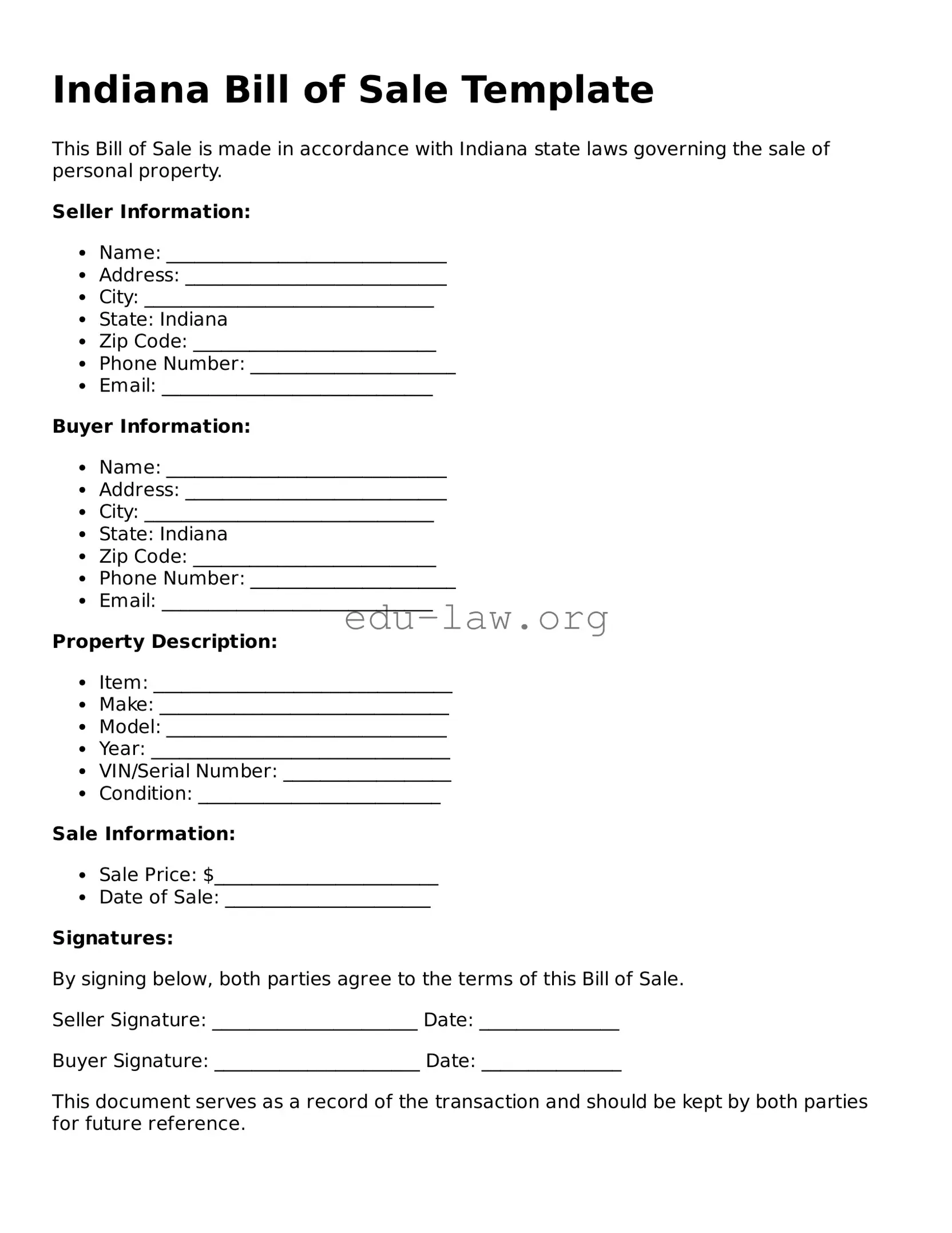 Legal  Bill of Sale Template for Indiana