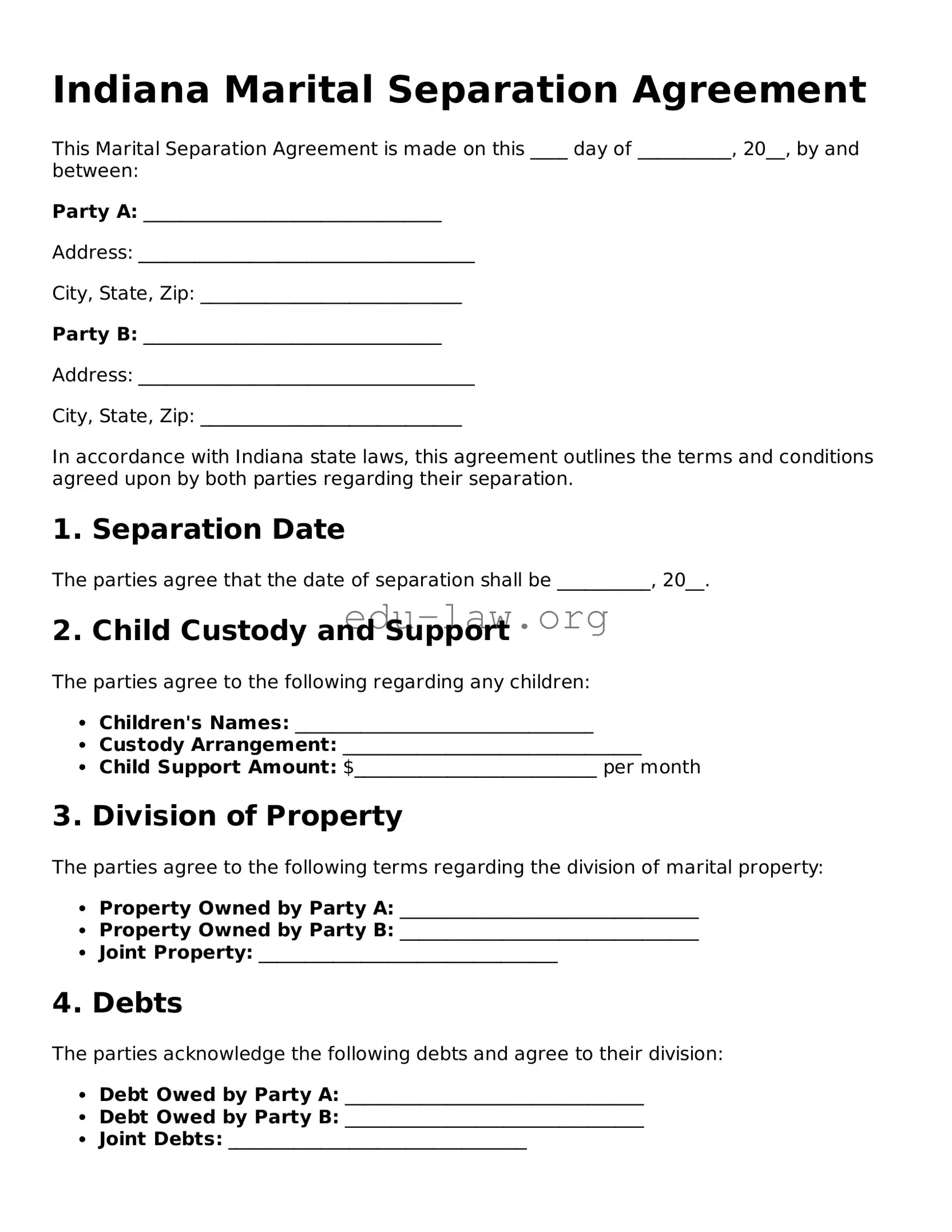 Legal  Marital Separation Agreement Template for Indiana