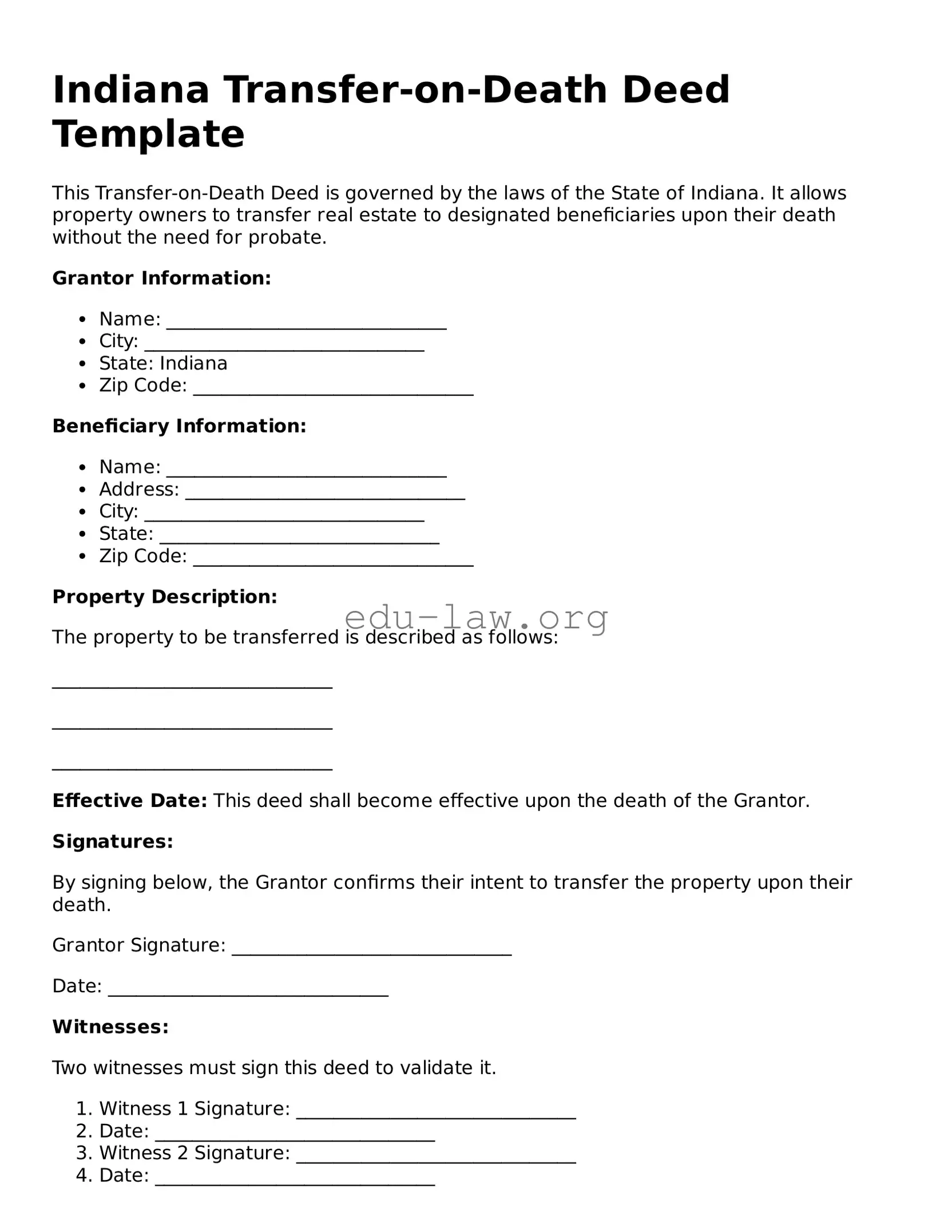 Legal  Transfer-on-Death Deed Template for Indiana