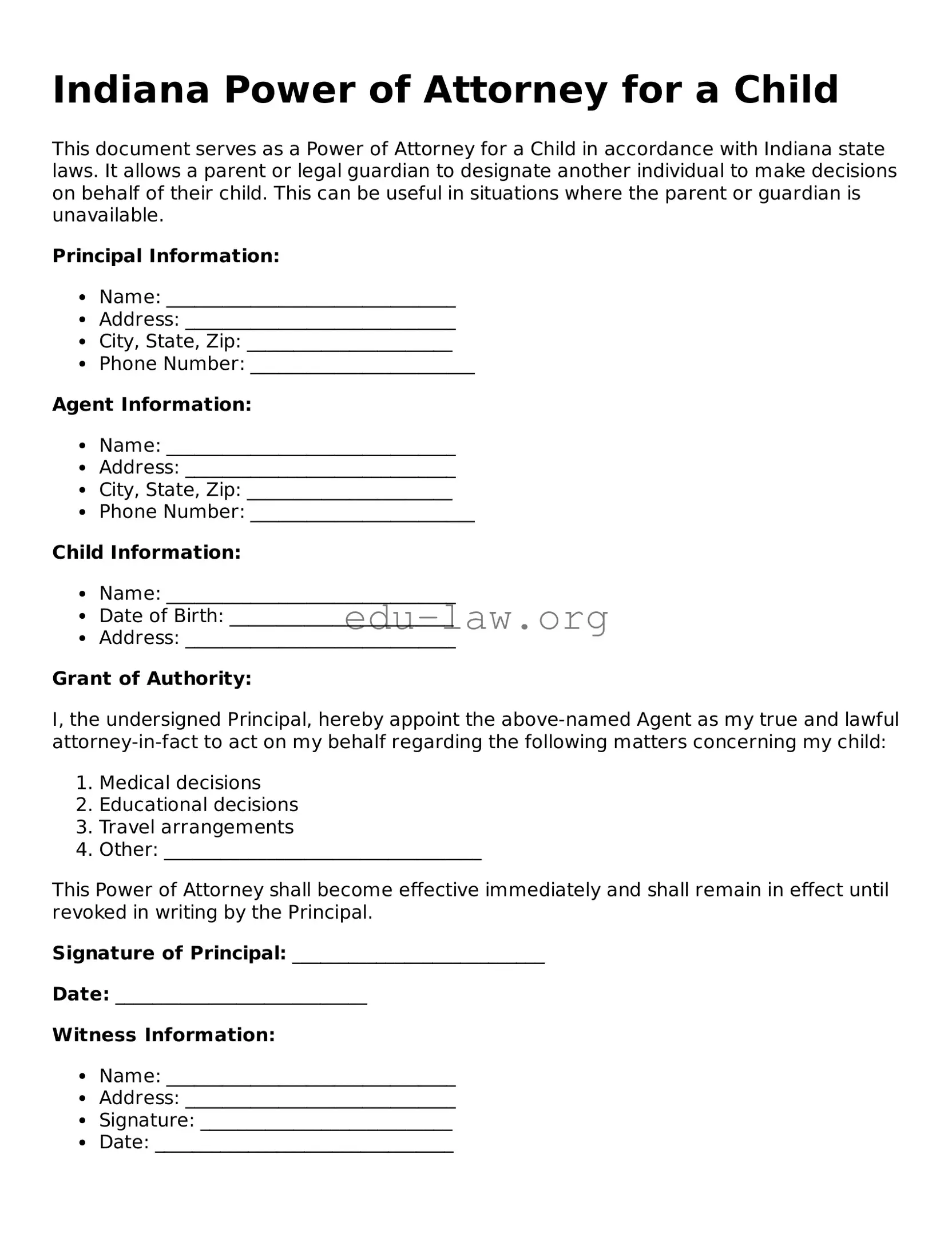 Legal  Power of Attorney for a Child Template for Indiana