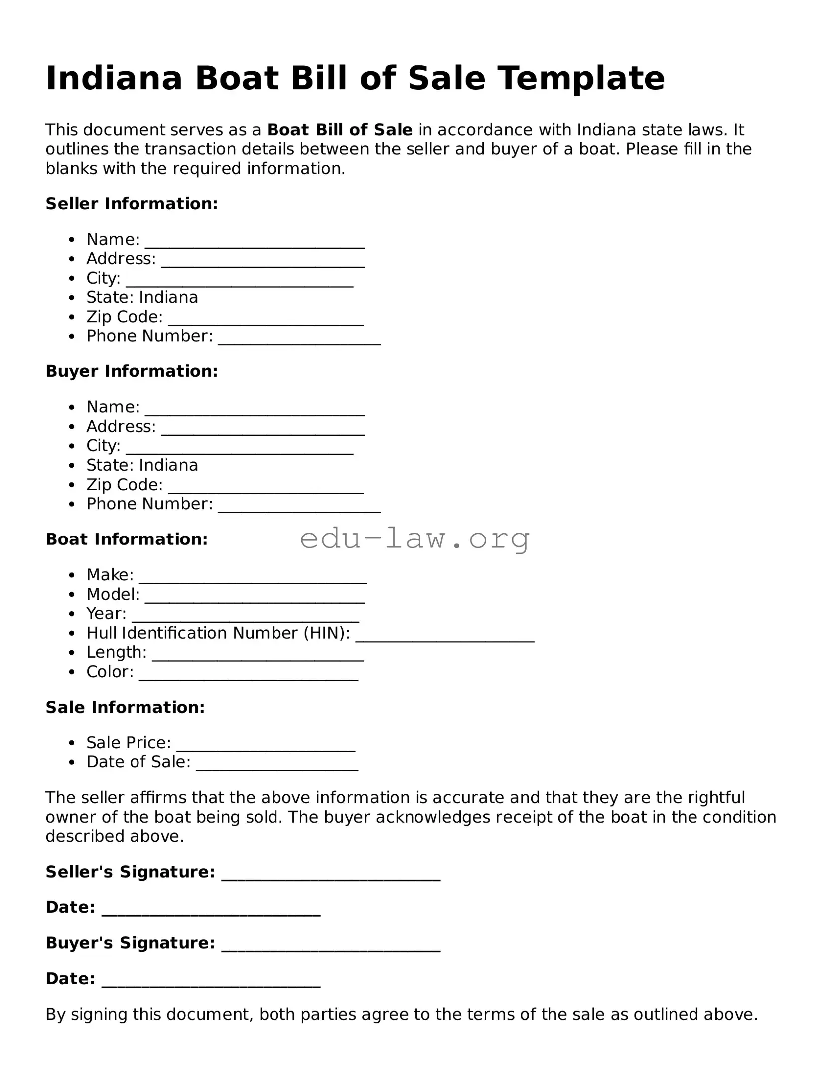 Legal  Boat Bill of Sale Template for Indiana
