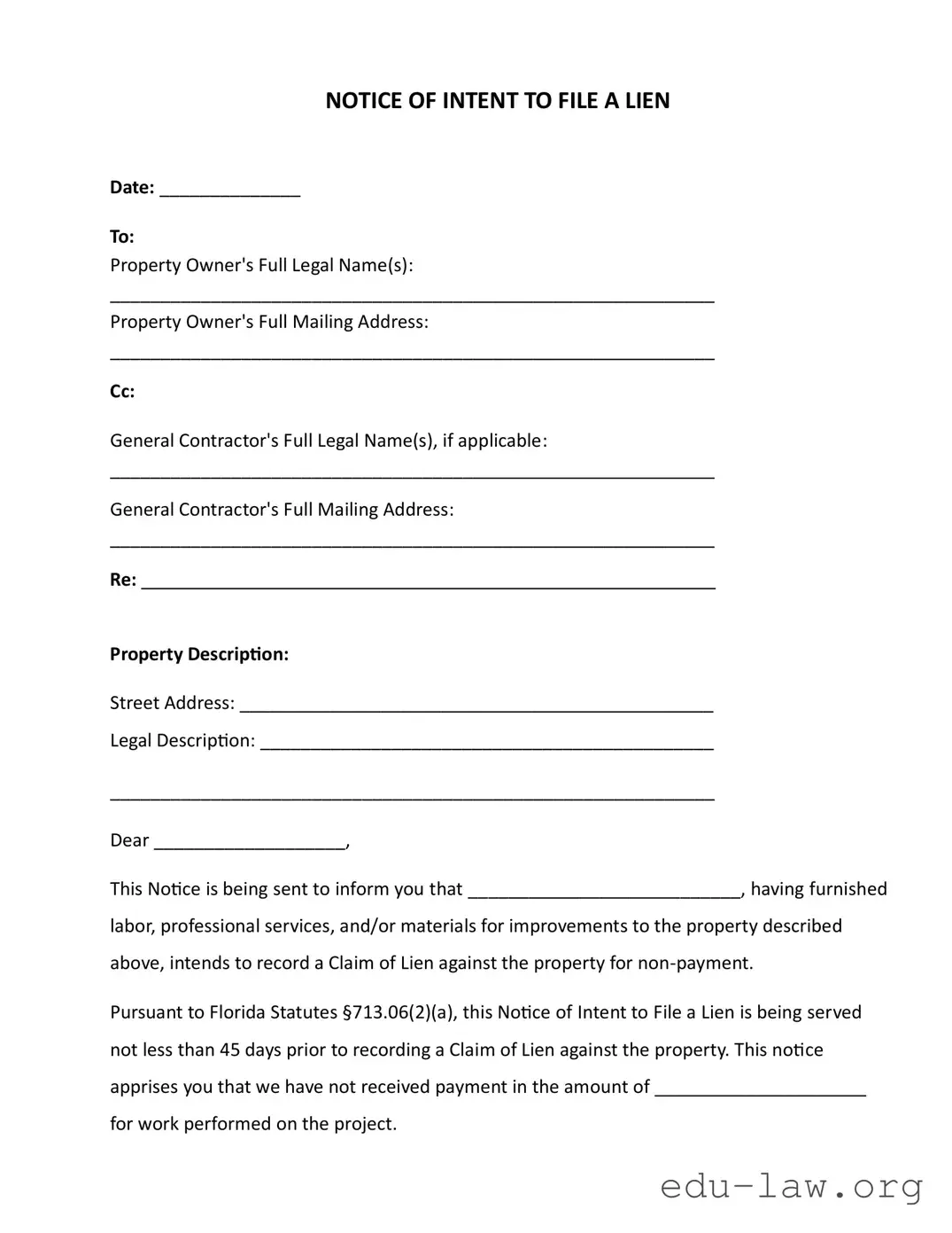 Fill in Your Intent To Lien Florida Template