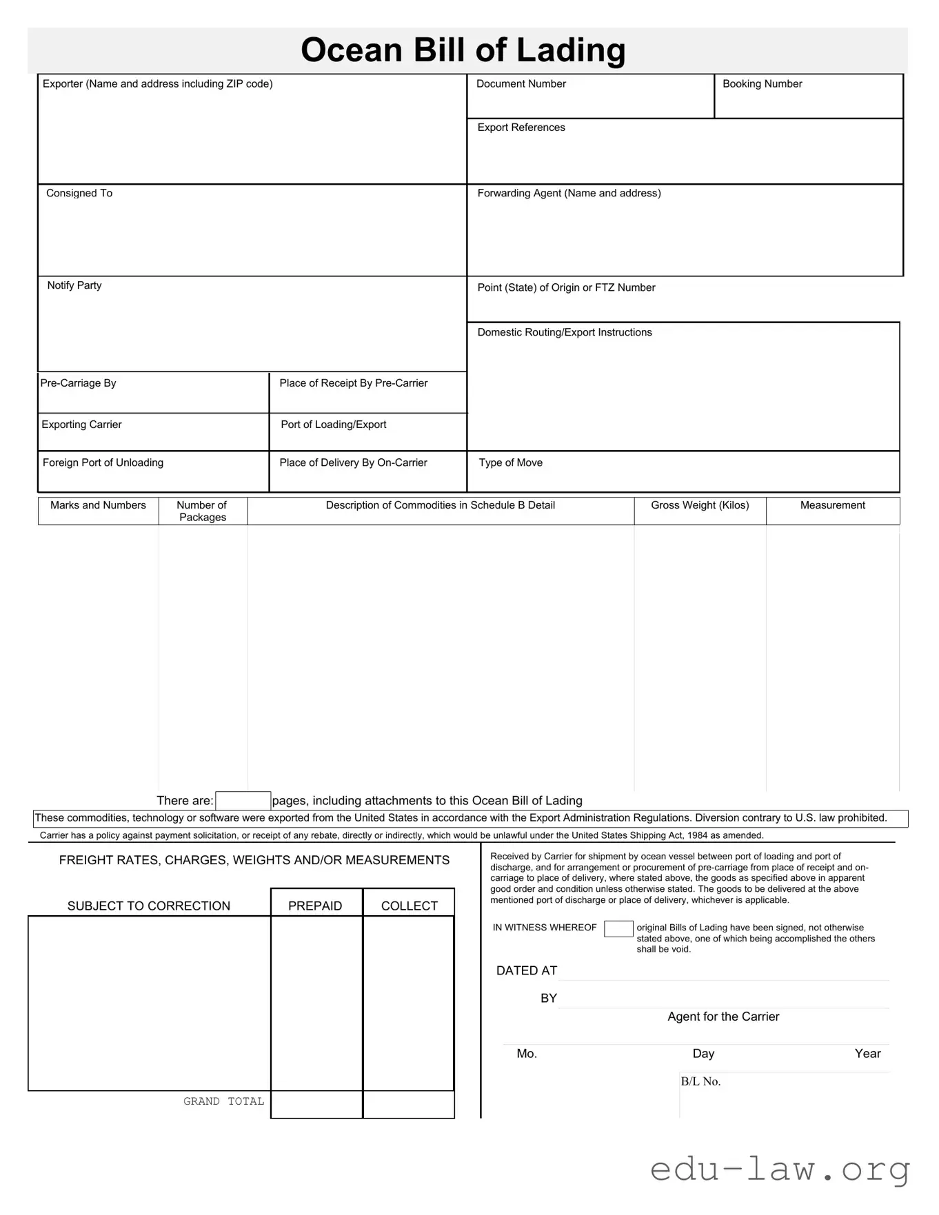 Fill in Your Sample Ocean Bill Of Lading Template