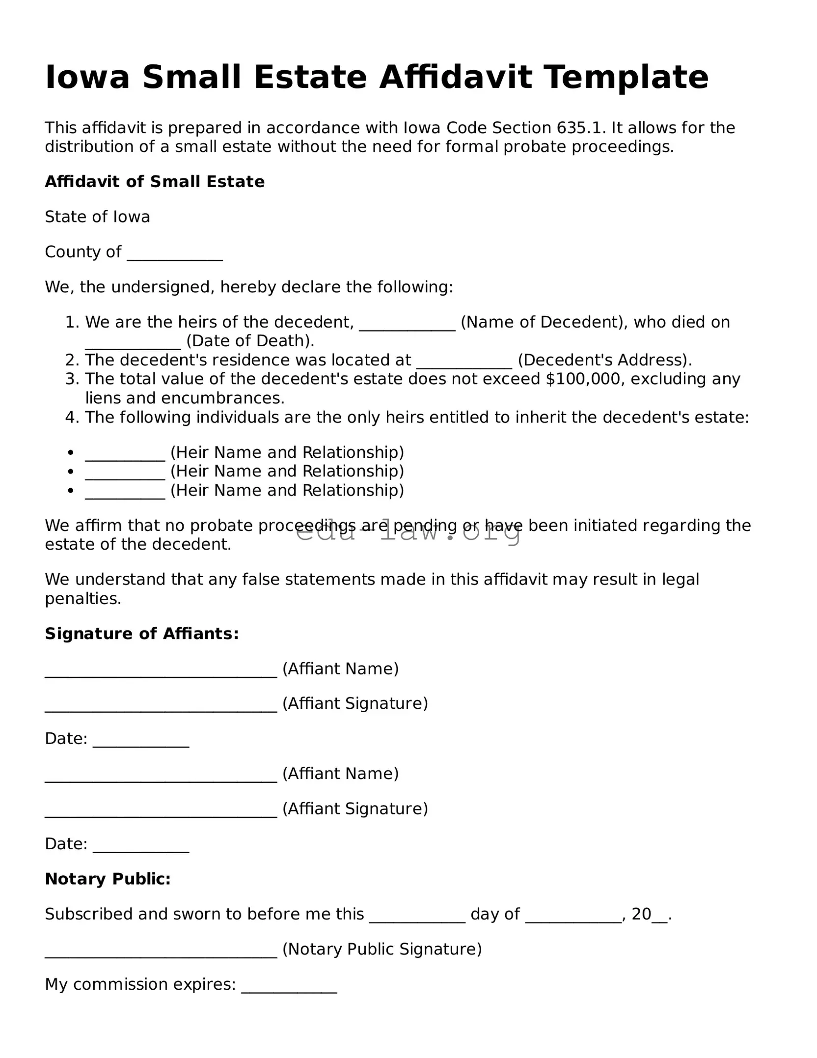 Legal  Small Estate Affidavit Template for Iowa