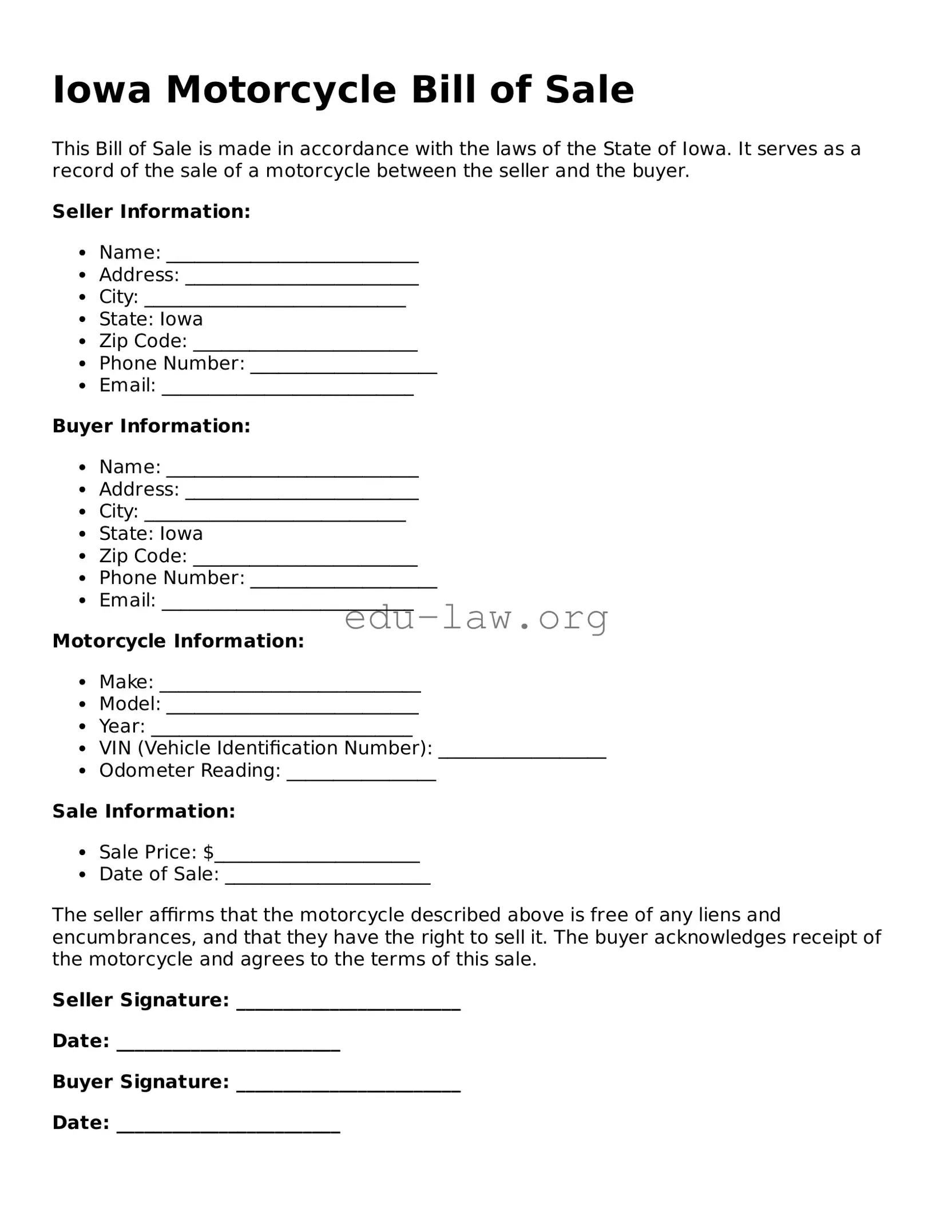 Legal  Motorcycle Bill of Sale Template for Iowa