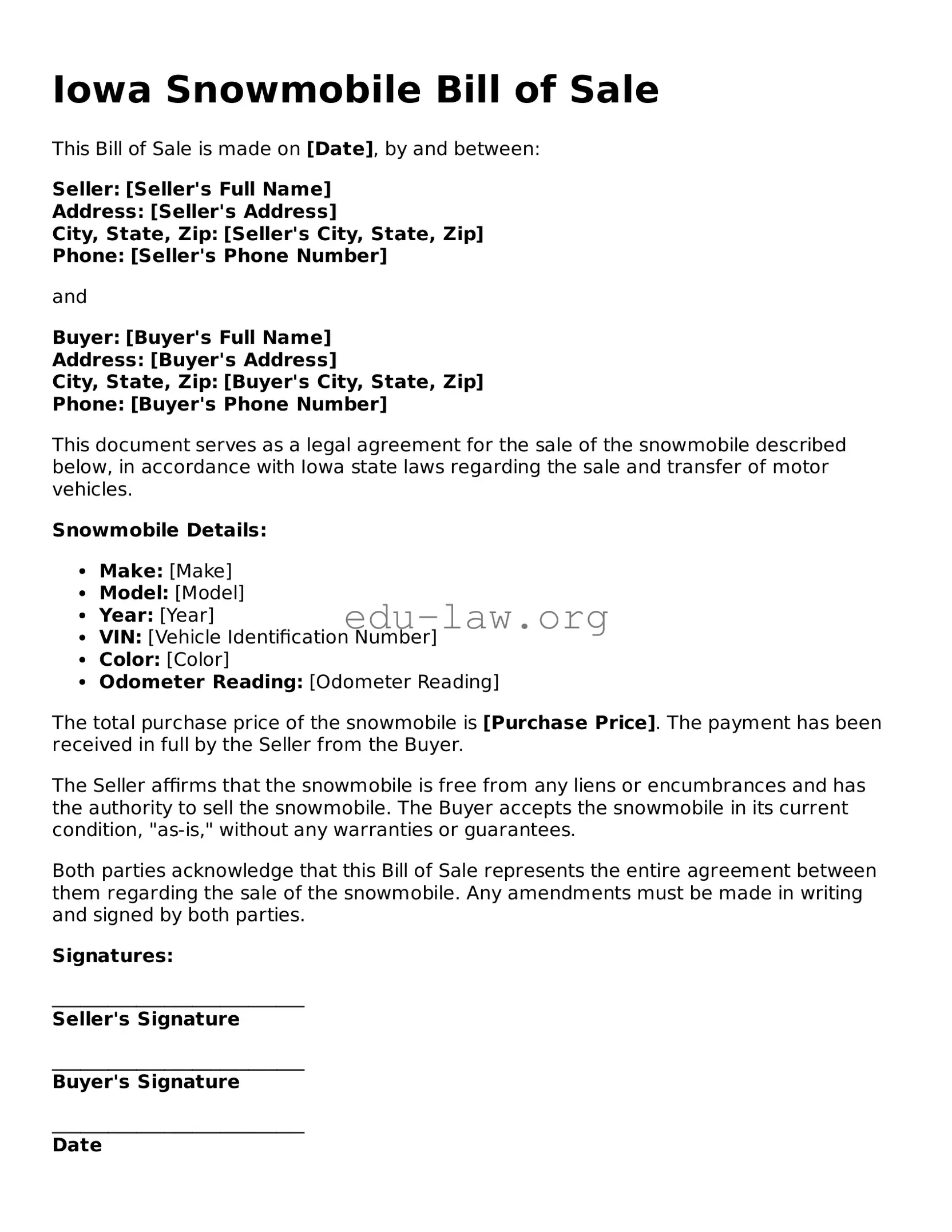 Legal  Snowmobile Bill of Sale Template for Iowa