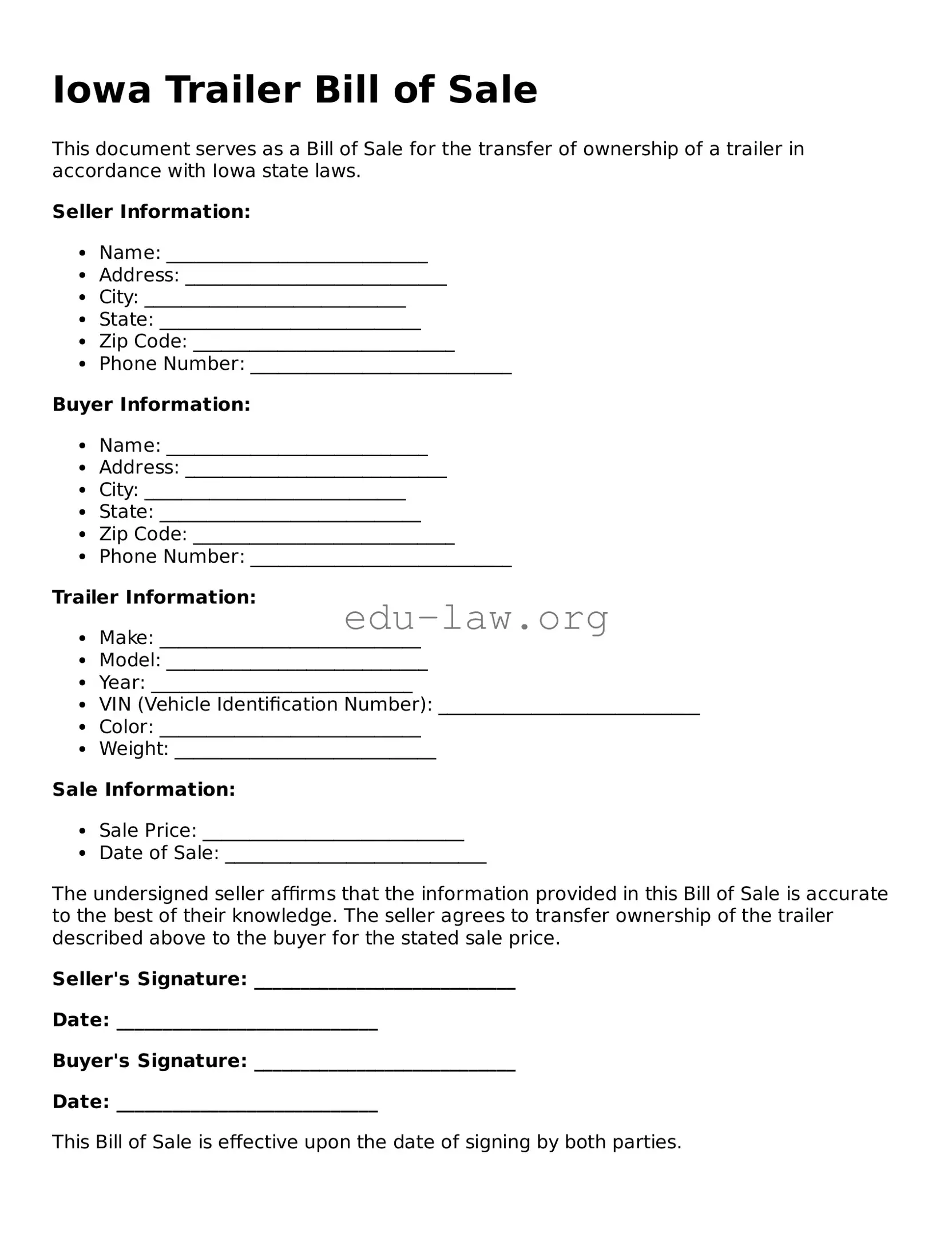 Legal  Trailer Bill of Sale Template for Iowa