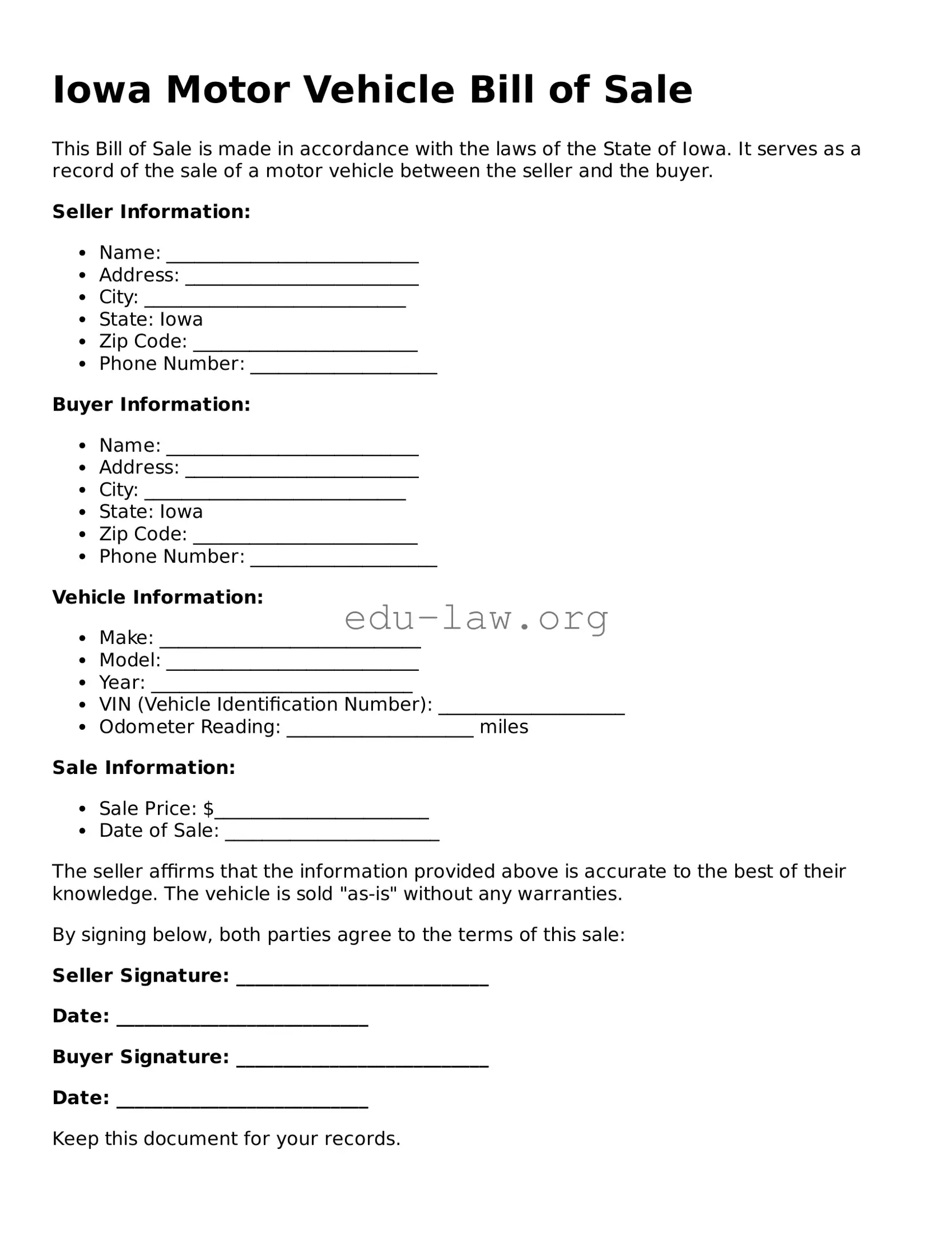 Legal  Motor Vehicle Bill of Sale Template for Iowa