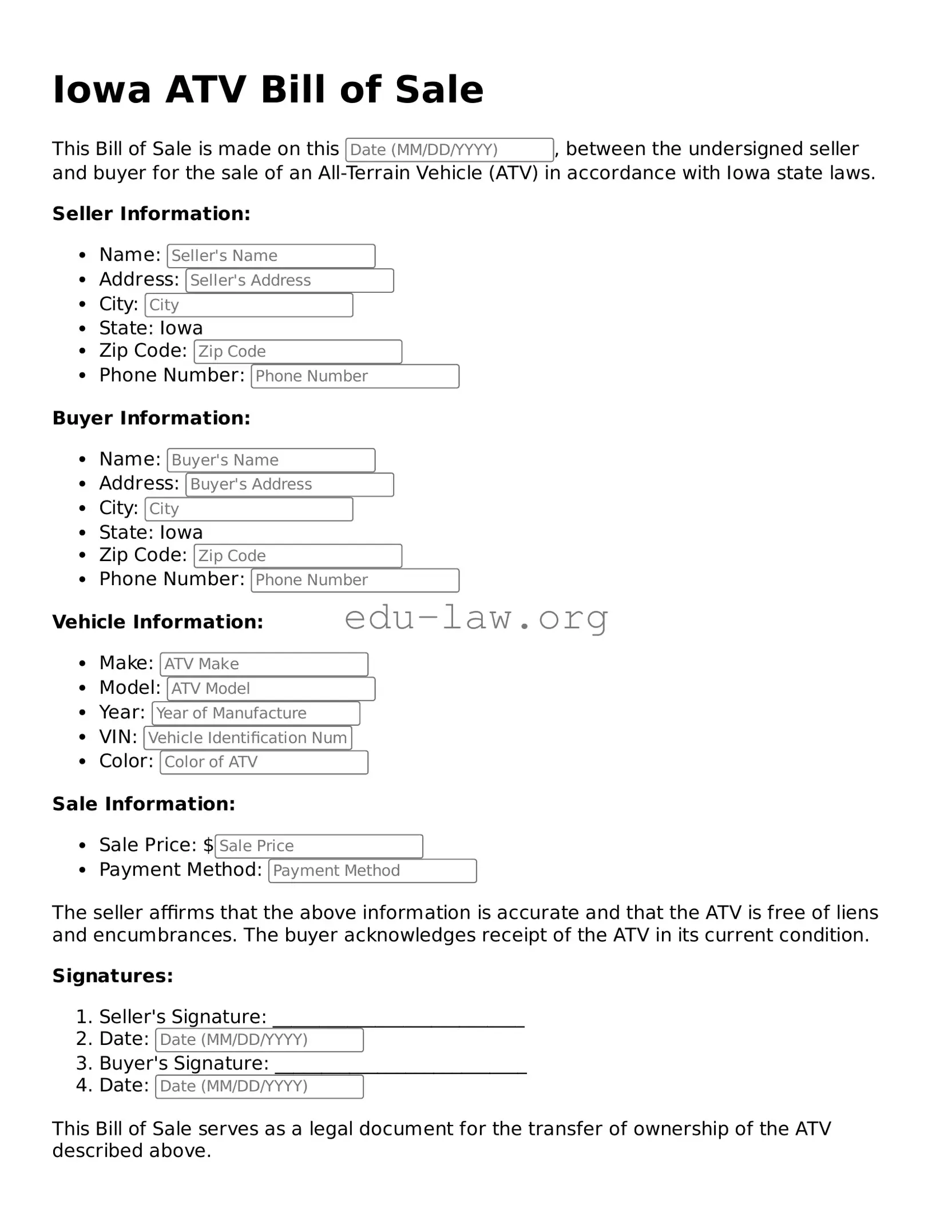Legal  ATV Bill of Sale Template for Iowa