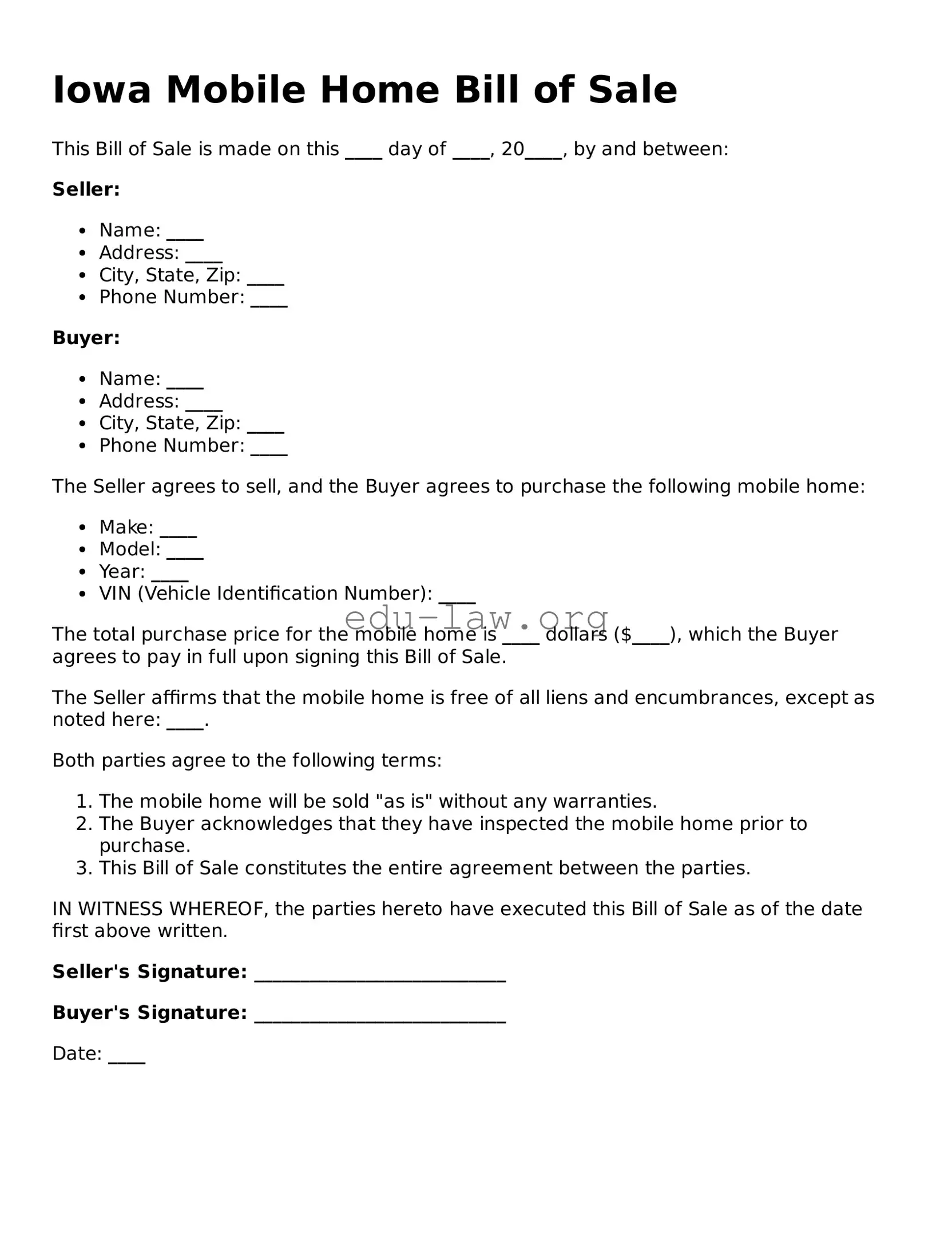 Legal  Mobile Home Bill of Sale Template for Iowa