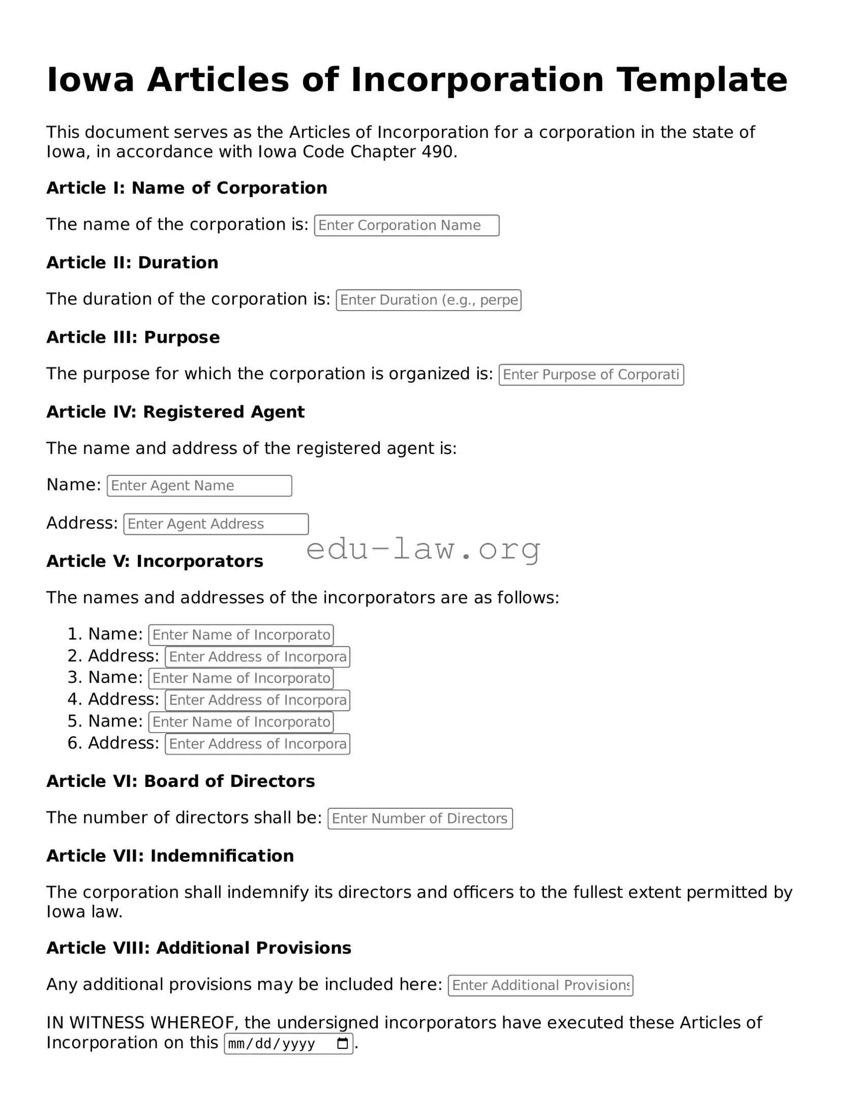 Legal  Articles of Incorporation Template for Iowa