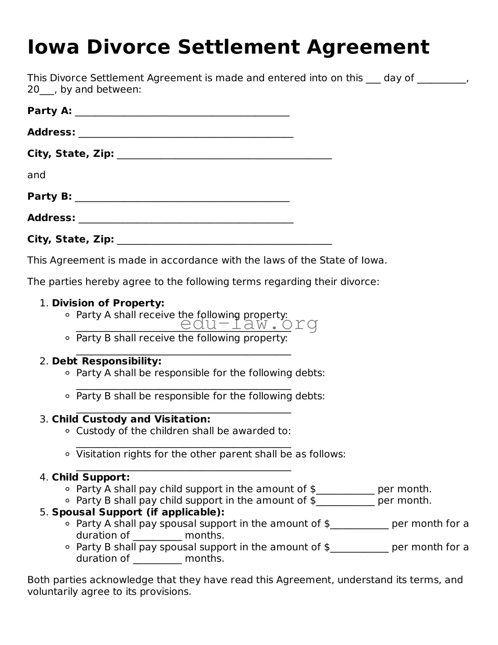 Legal  Divorce Settlement Agreement Template for Iowa