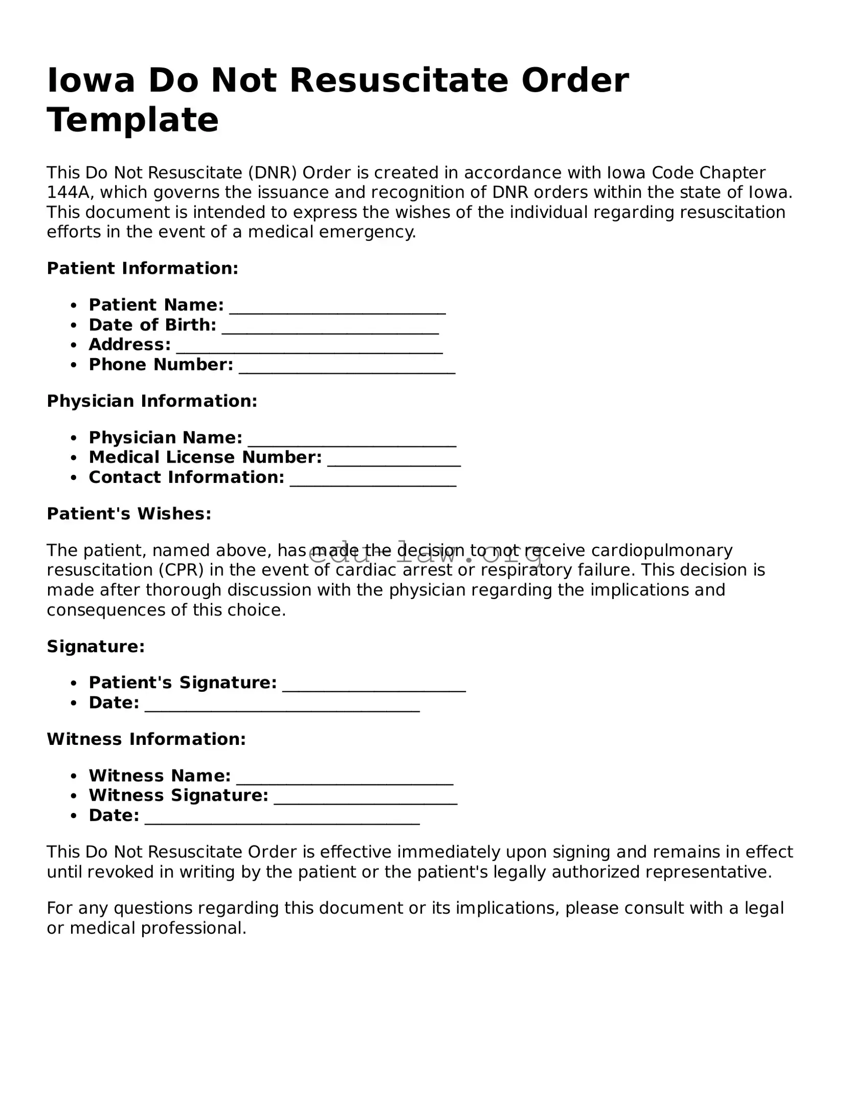 Legal  Do Not Resuscitate Order Template for Iowa