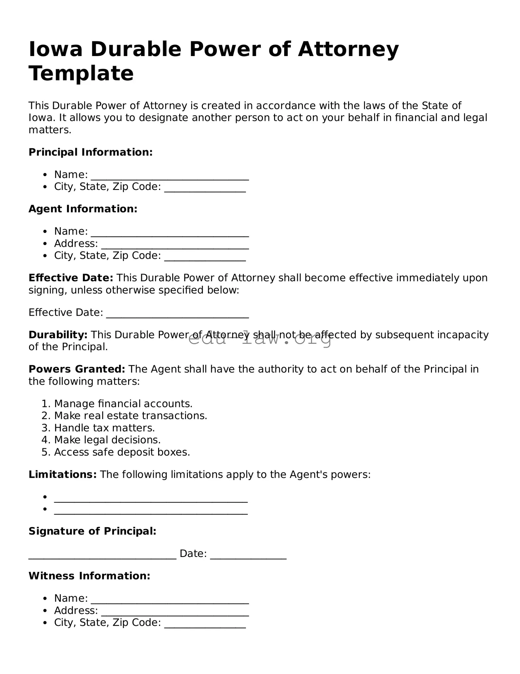 Legal  Durable Power of Attorney Template for Iowa