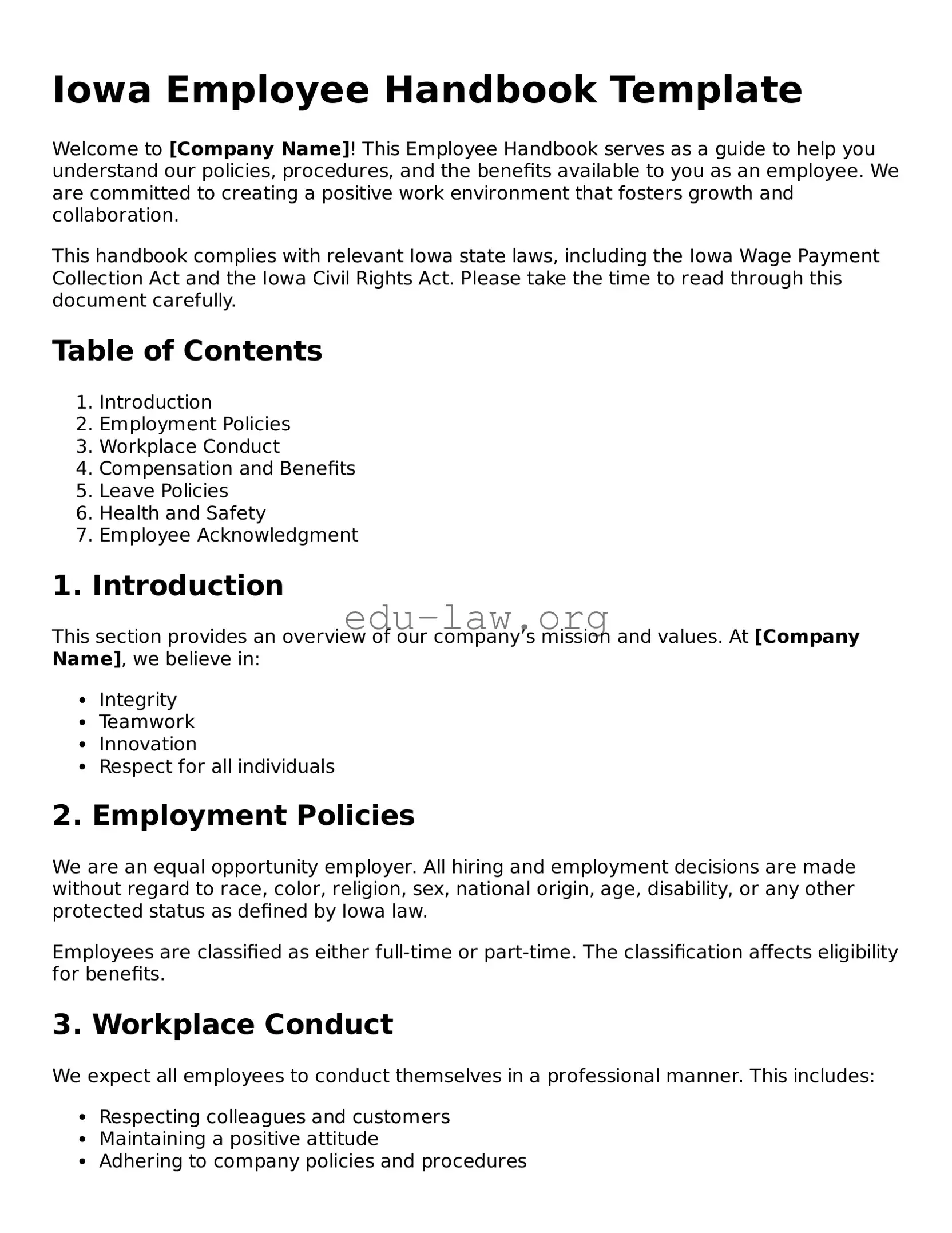 Legal  Employee Handbook Template for Iowa