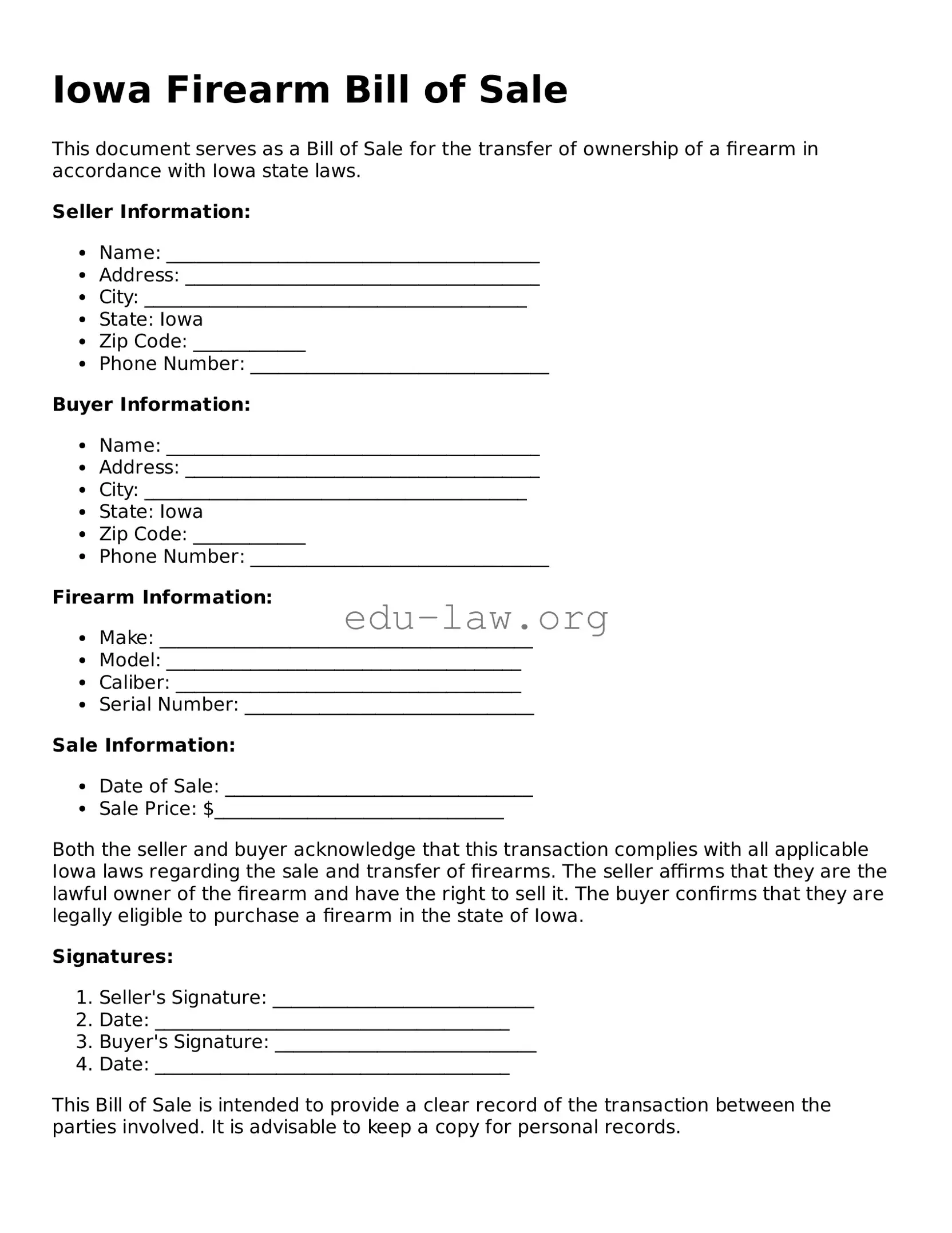 Legal  Firearm Bill of Sale Template for Iowa