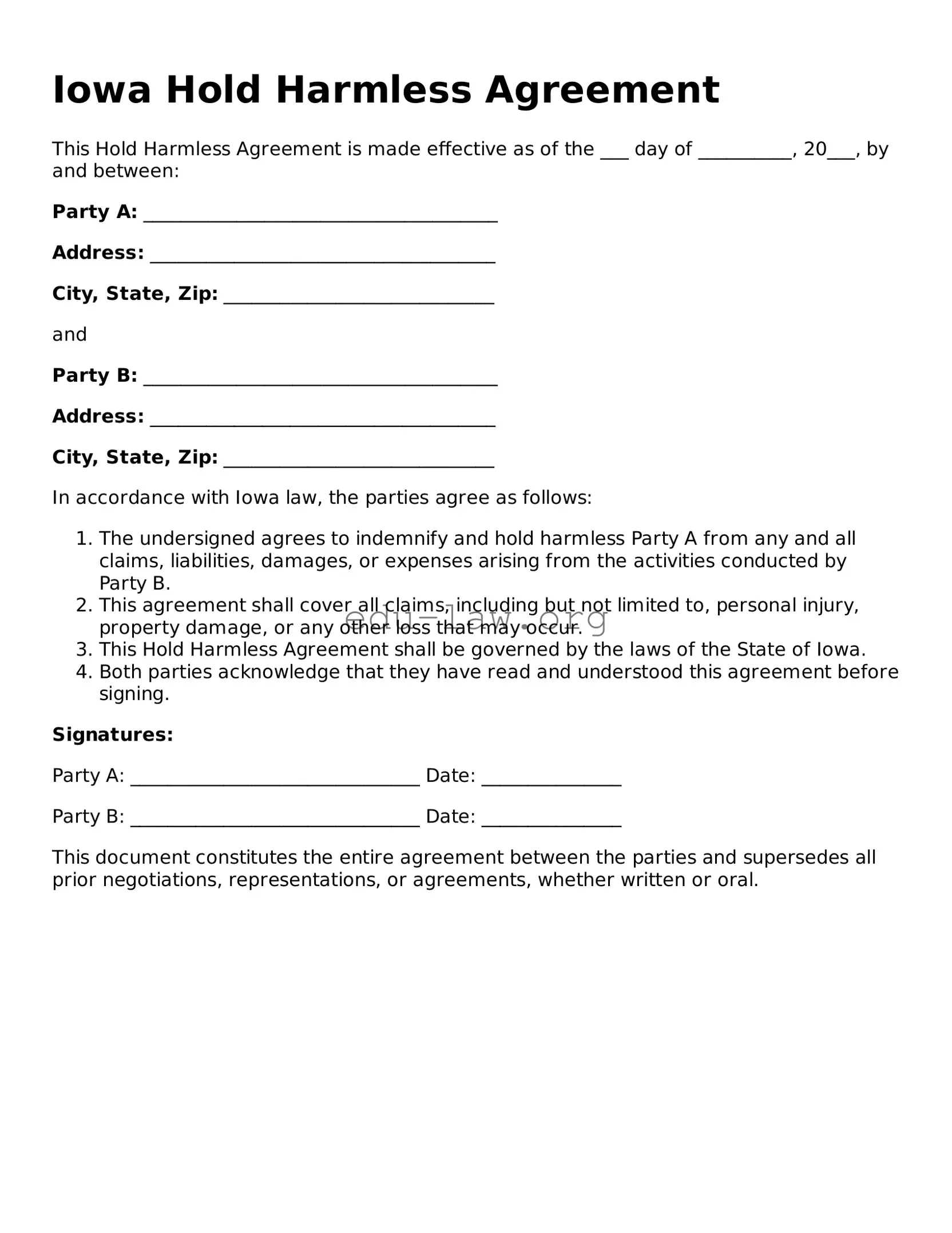 Legal  Hold Harmless Agreement Template for Iowa