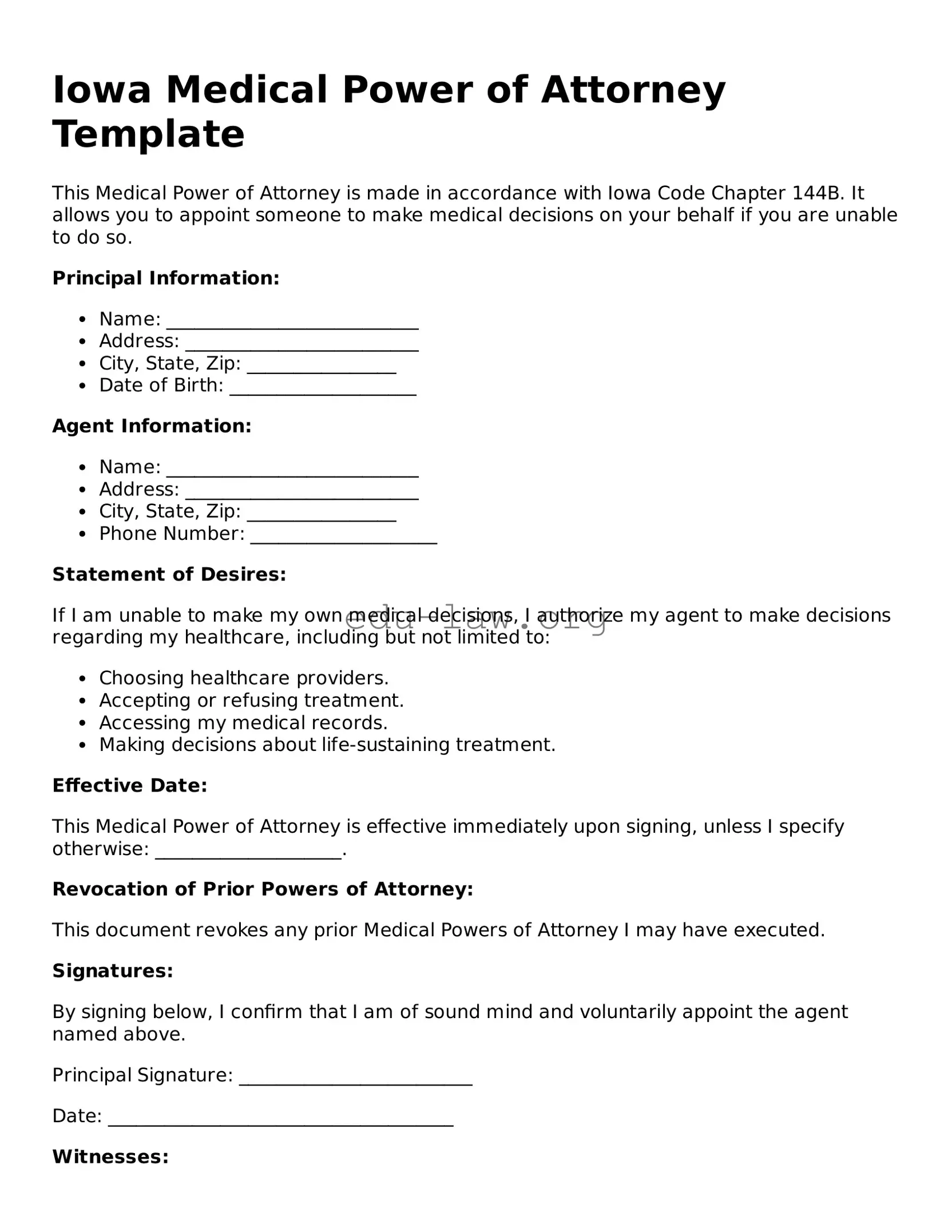 Legal  Medical Power of Attorney Template for Iowa