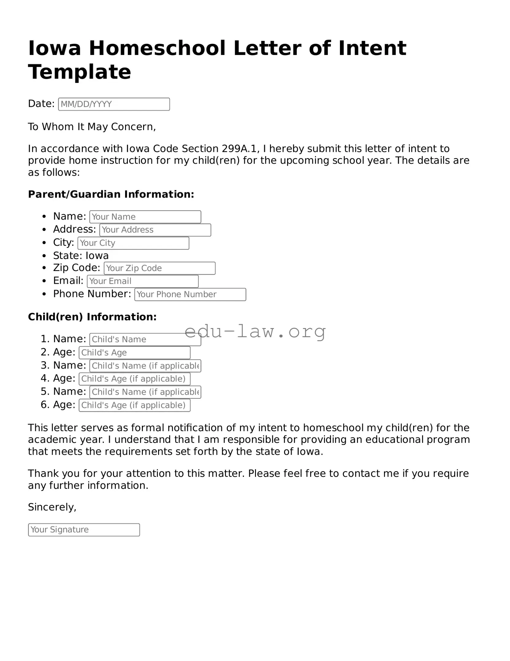 Legal  Homeschool Letter of Intent Template for Iowa