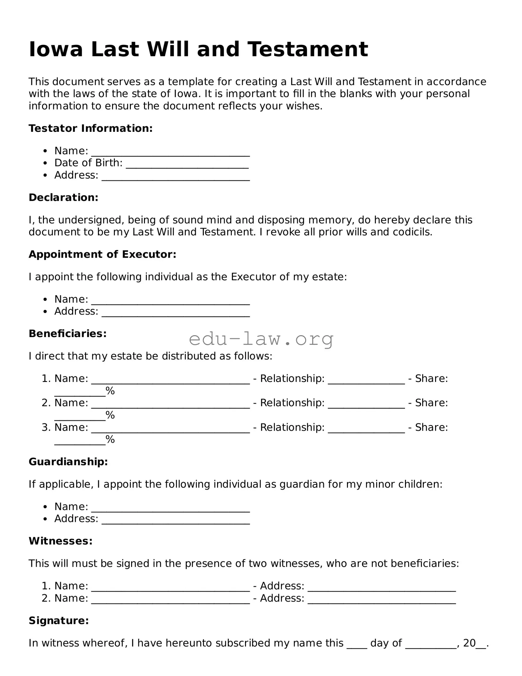 Legal  Last Will and Testament Template for Iowa