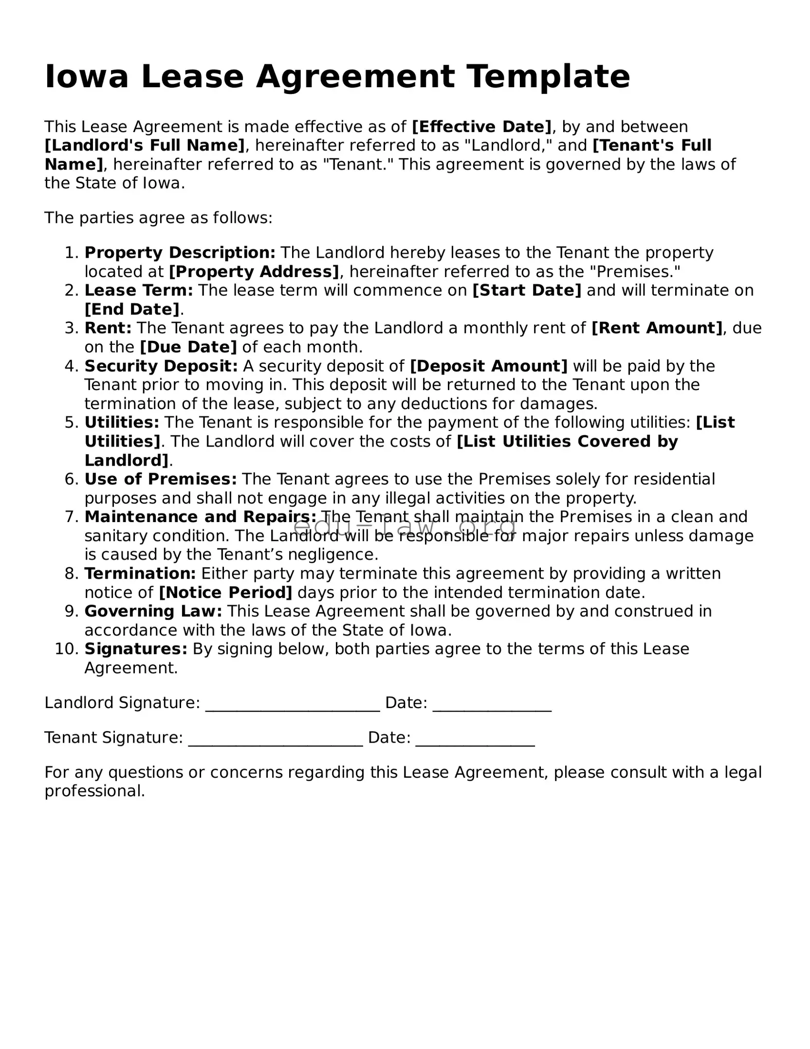 Legal  Lease Agreement Template for Iowa