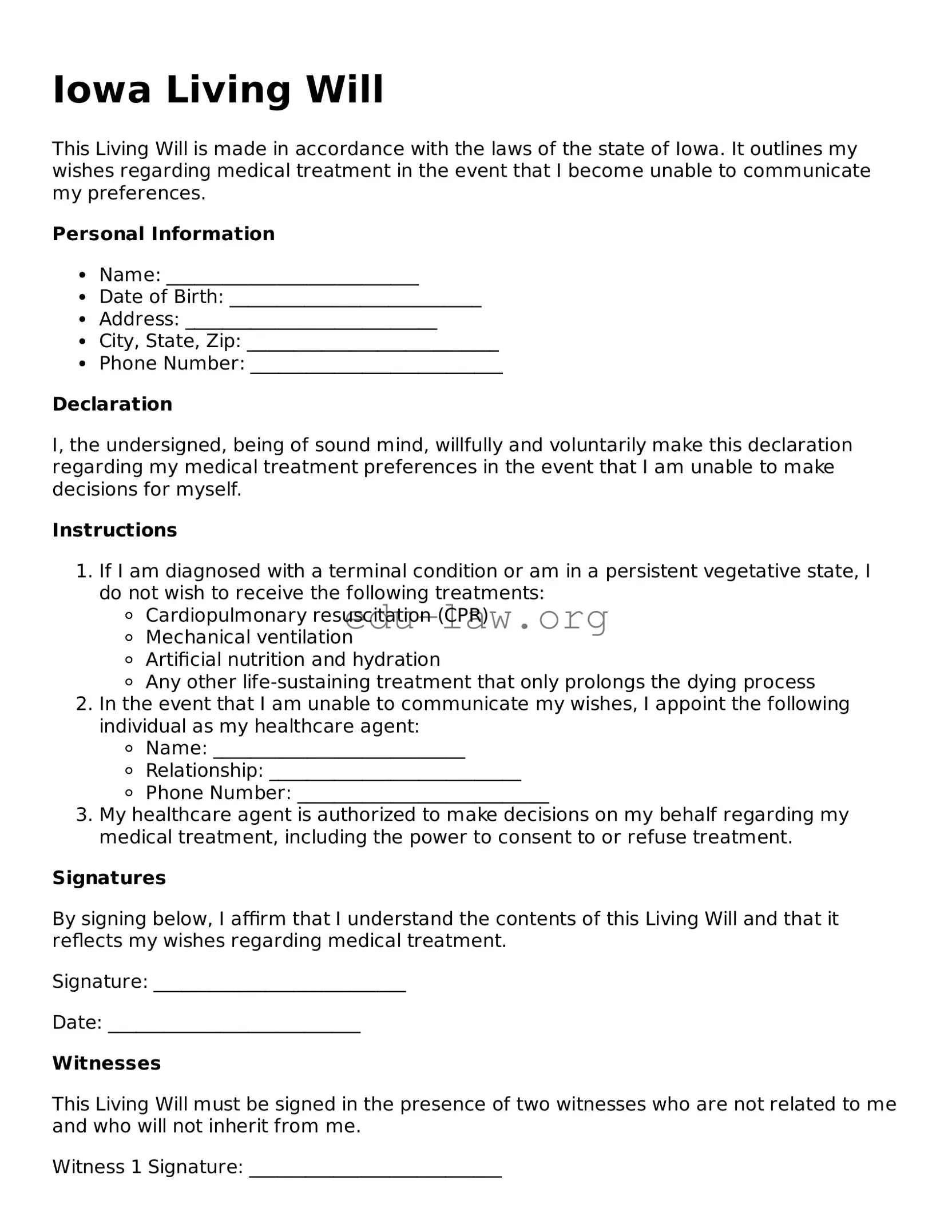 Legal  Living Will Template for Iowa