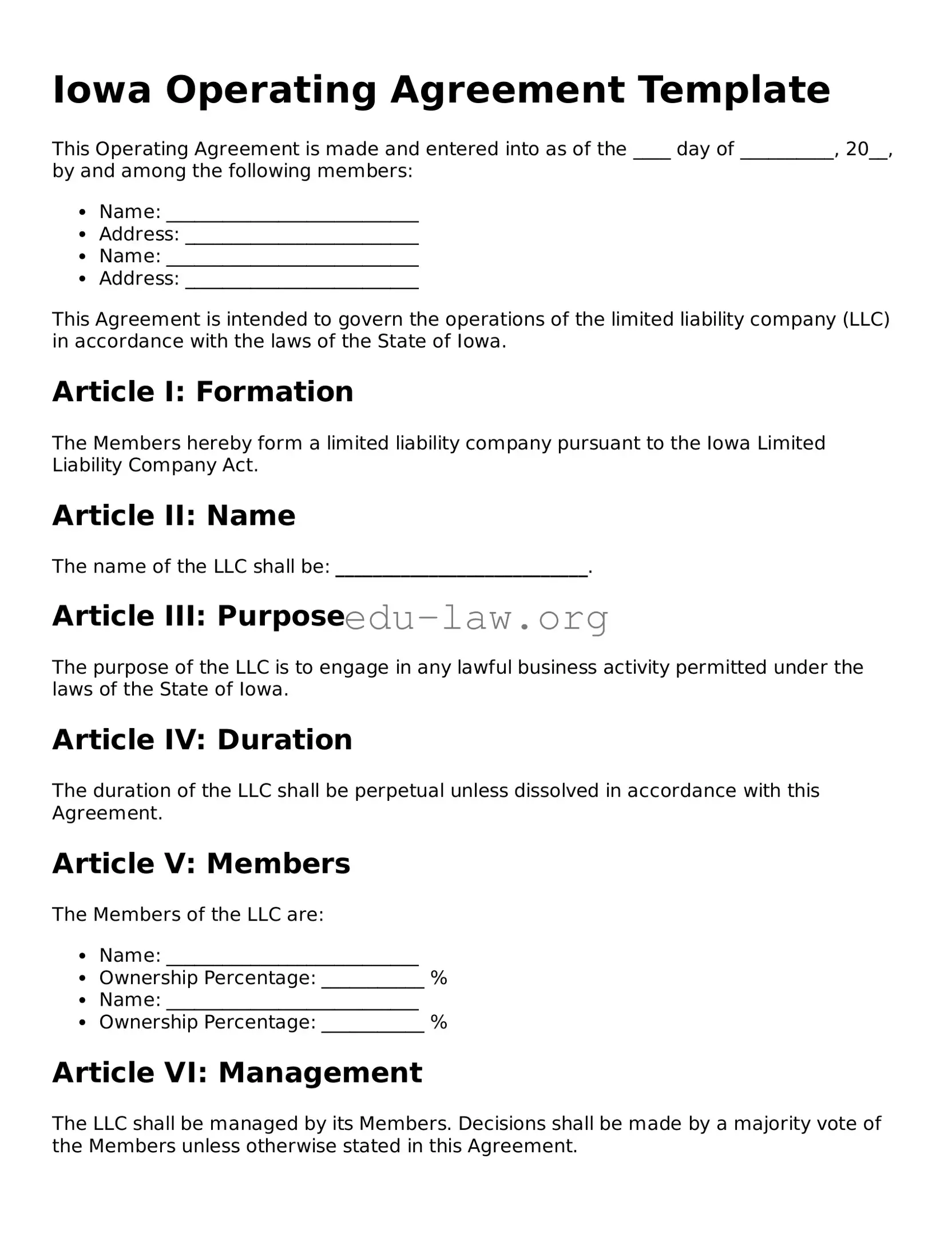 Legal  Operating Agreement Template for Iowa