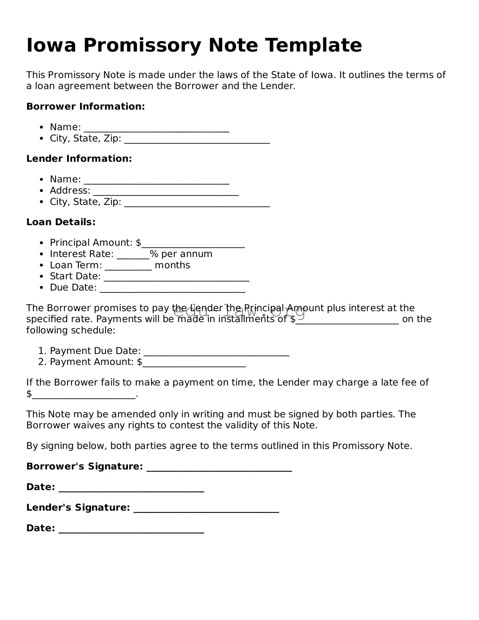 Legal  Promissory Note Template for Iowa