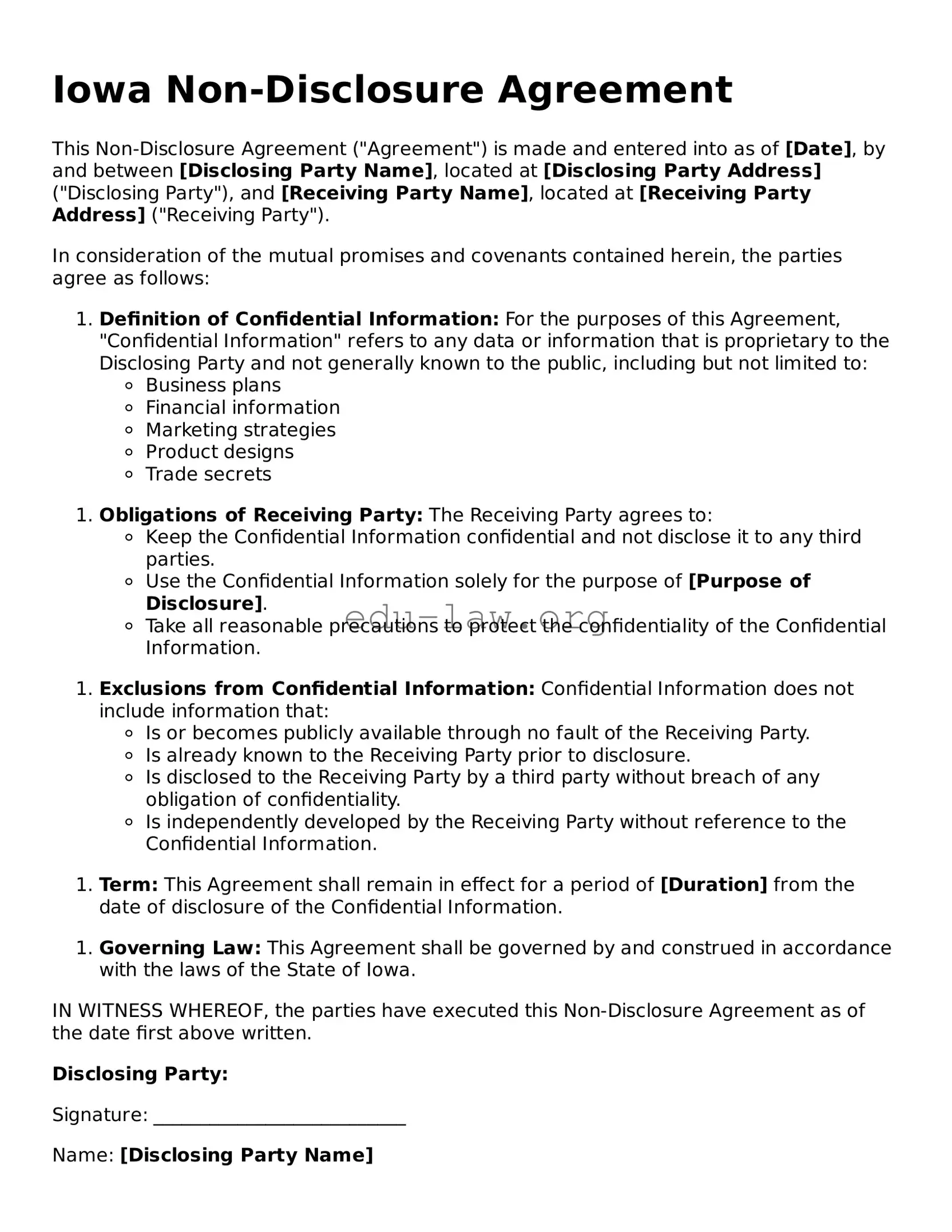 Legal  Non-disclosure Agreement Template for Iowa