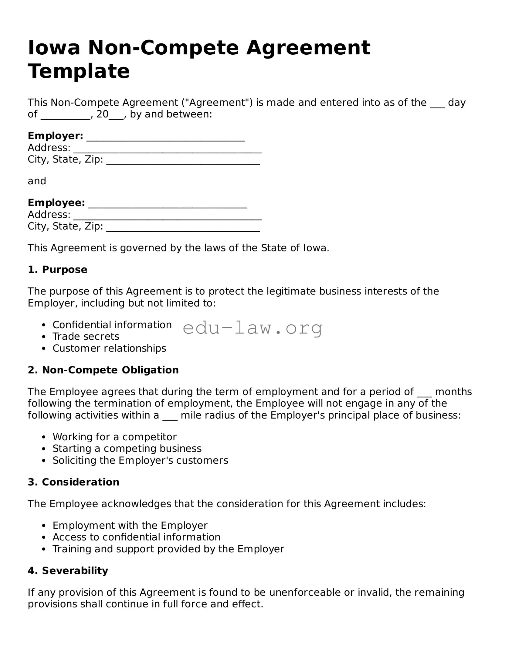 Legal  Non-compete Agreement Template for Iowa