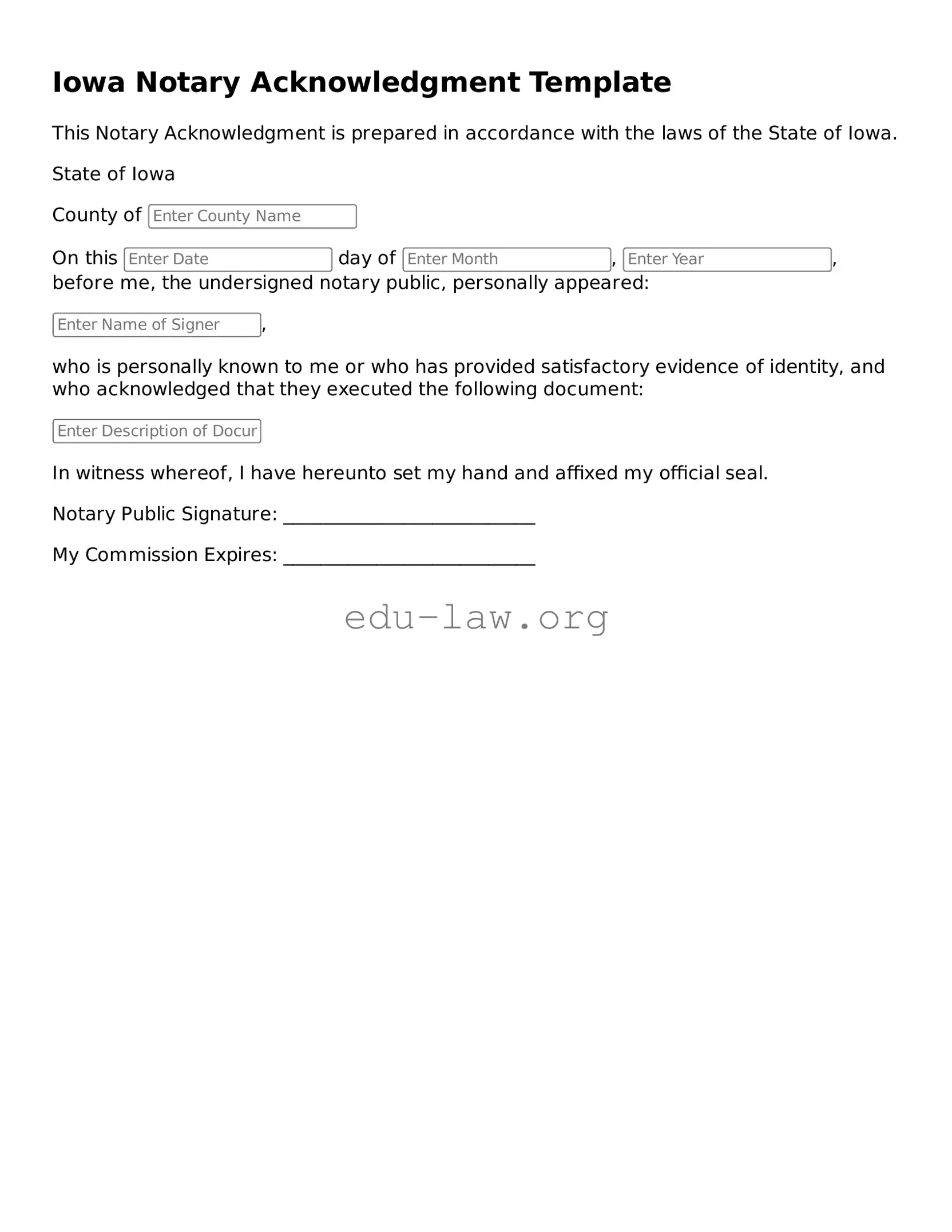 Legal  Notary Acknowledgement Template for Iowa