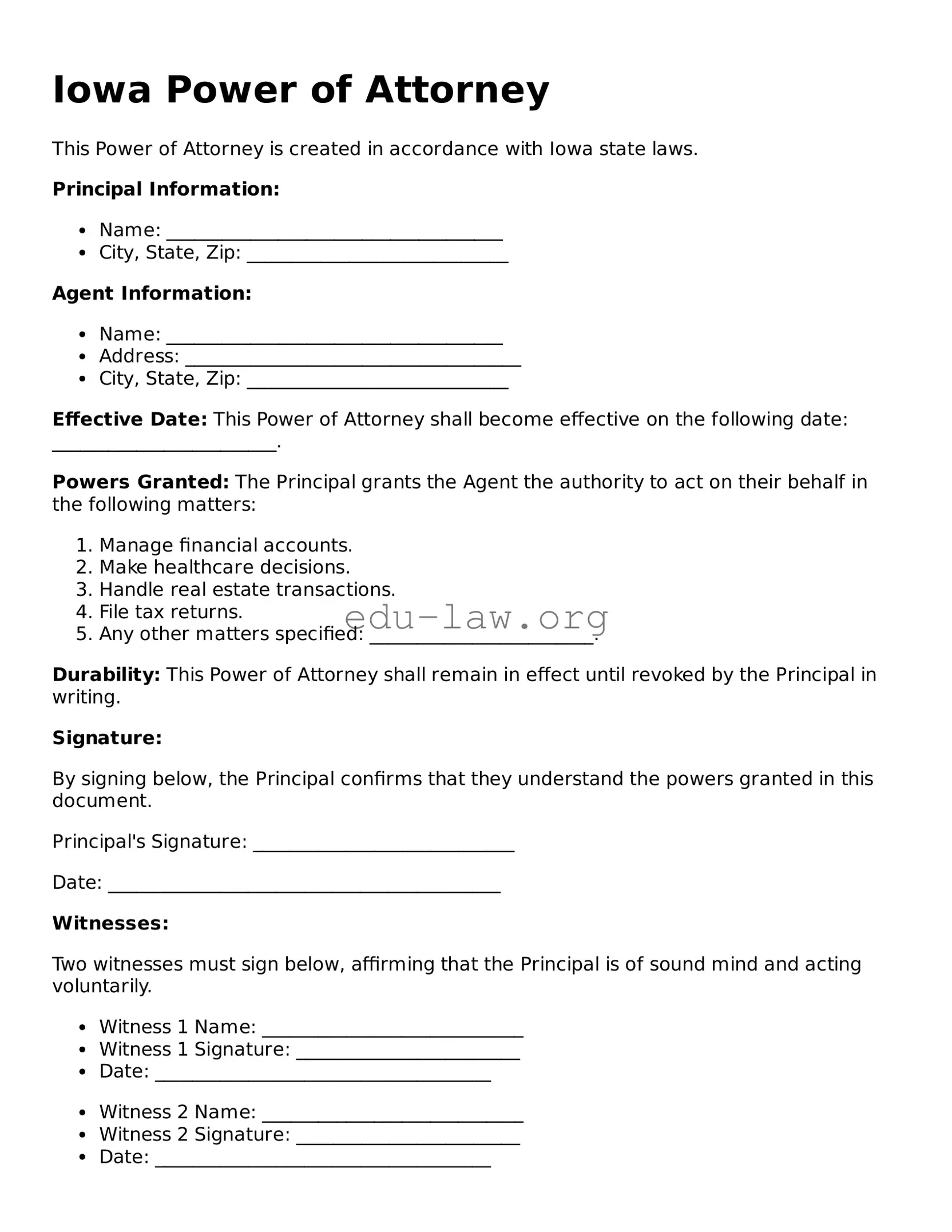 Legal  Power of Attorney Template for Iowa