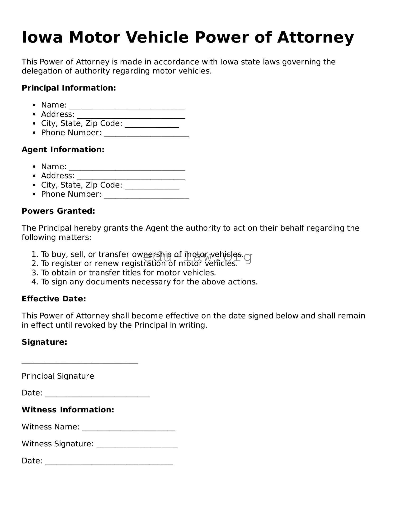 Legal  Motor Vehicle Power of Attorney Template for Iowa