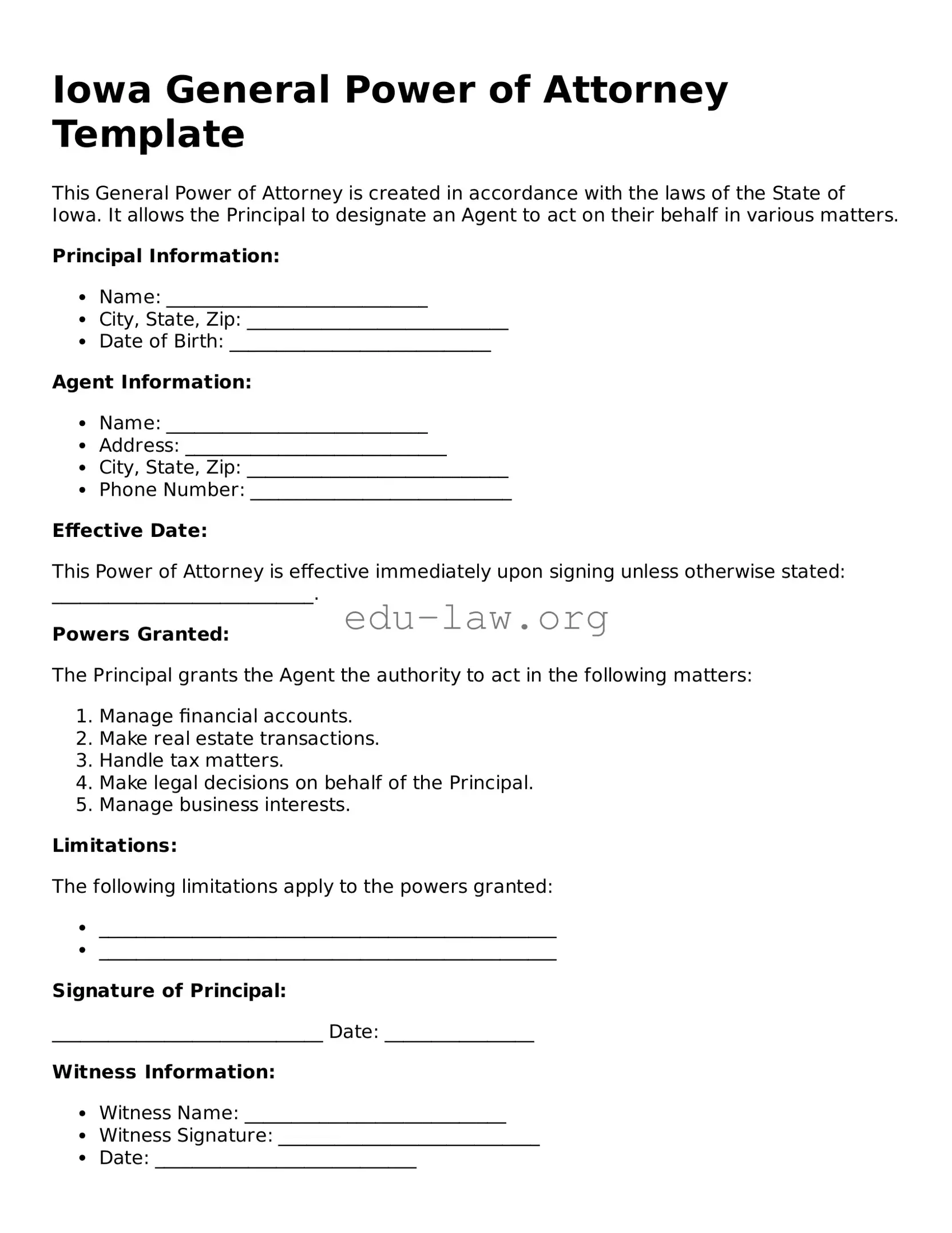 Legal  General Power of Attorney Template for Iowa