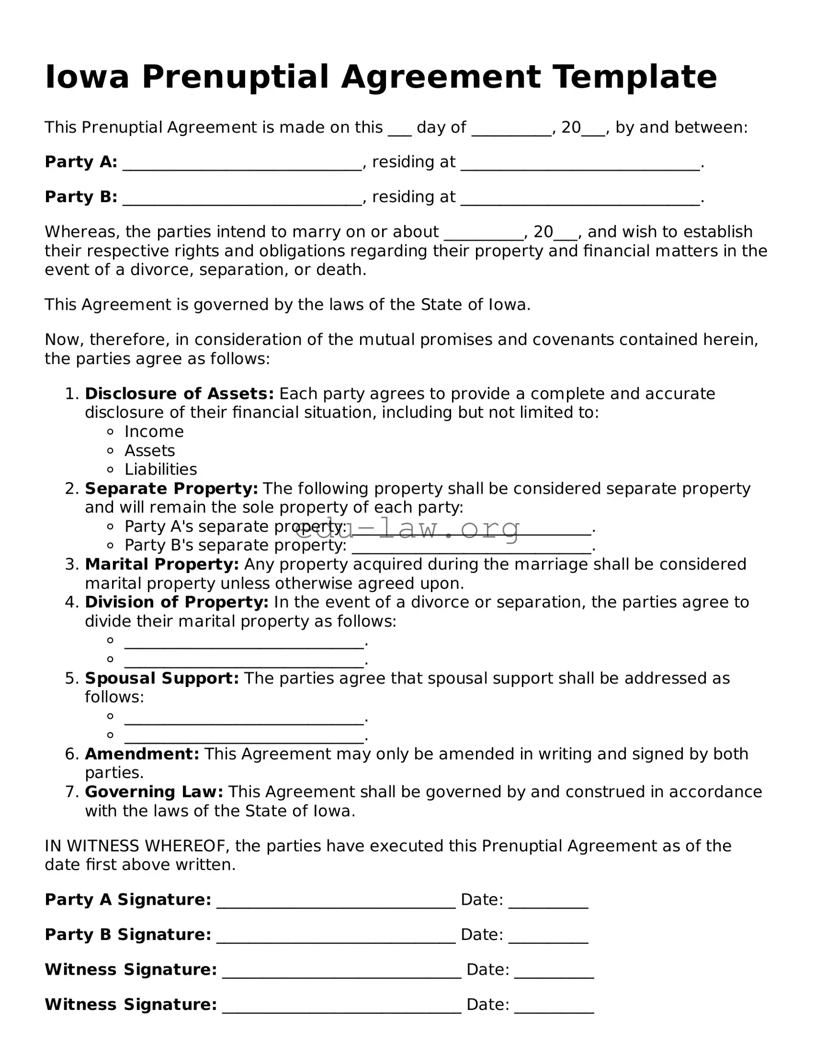 Legal  Prenuptial Agreement Template for Iowa
