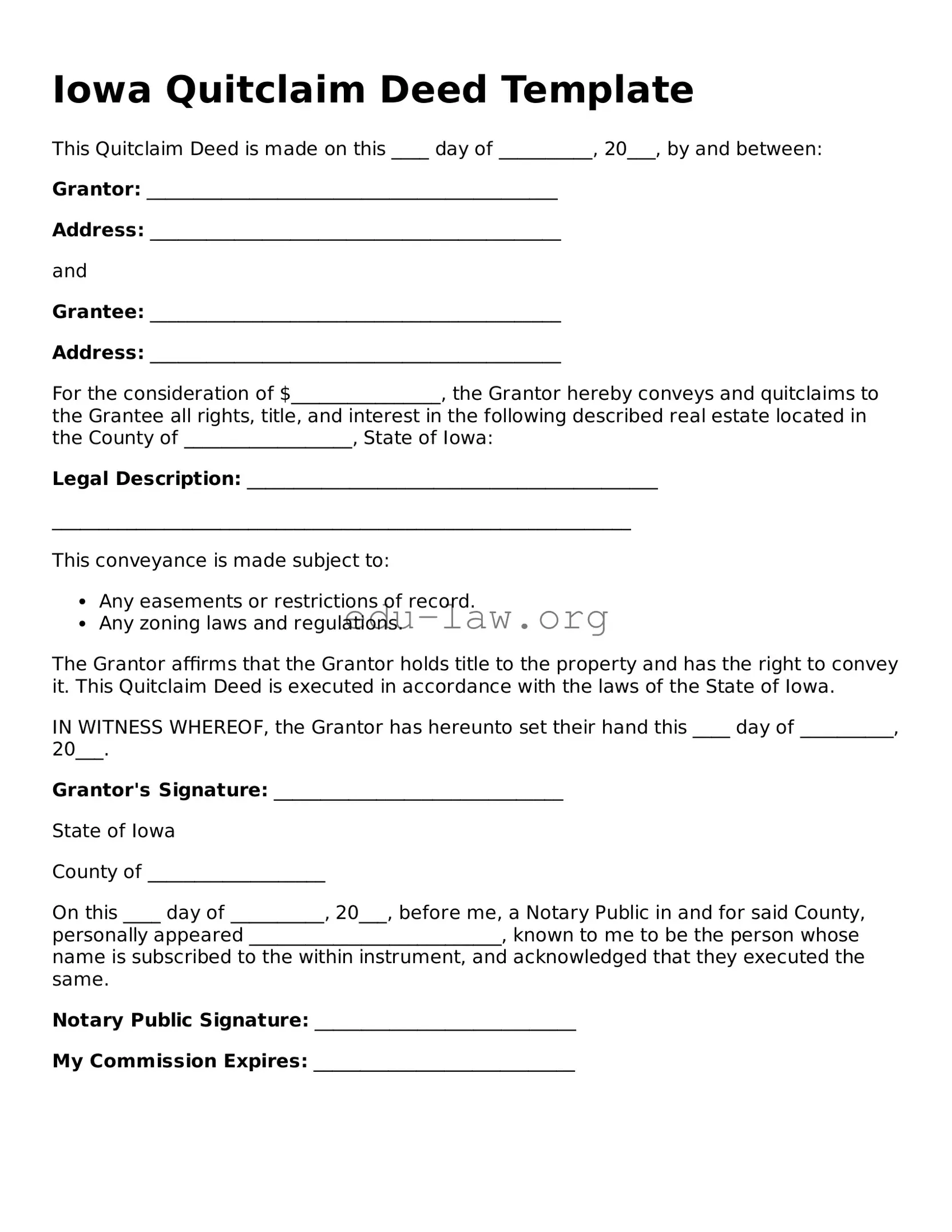 Legal  Quitclaim Deed Template for Iowa